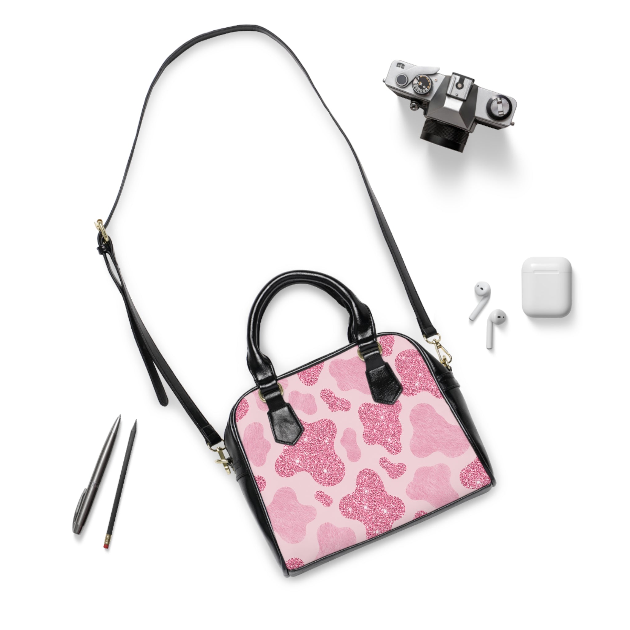 Pink Glitter Cow Print Shoulder Handbag