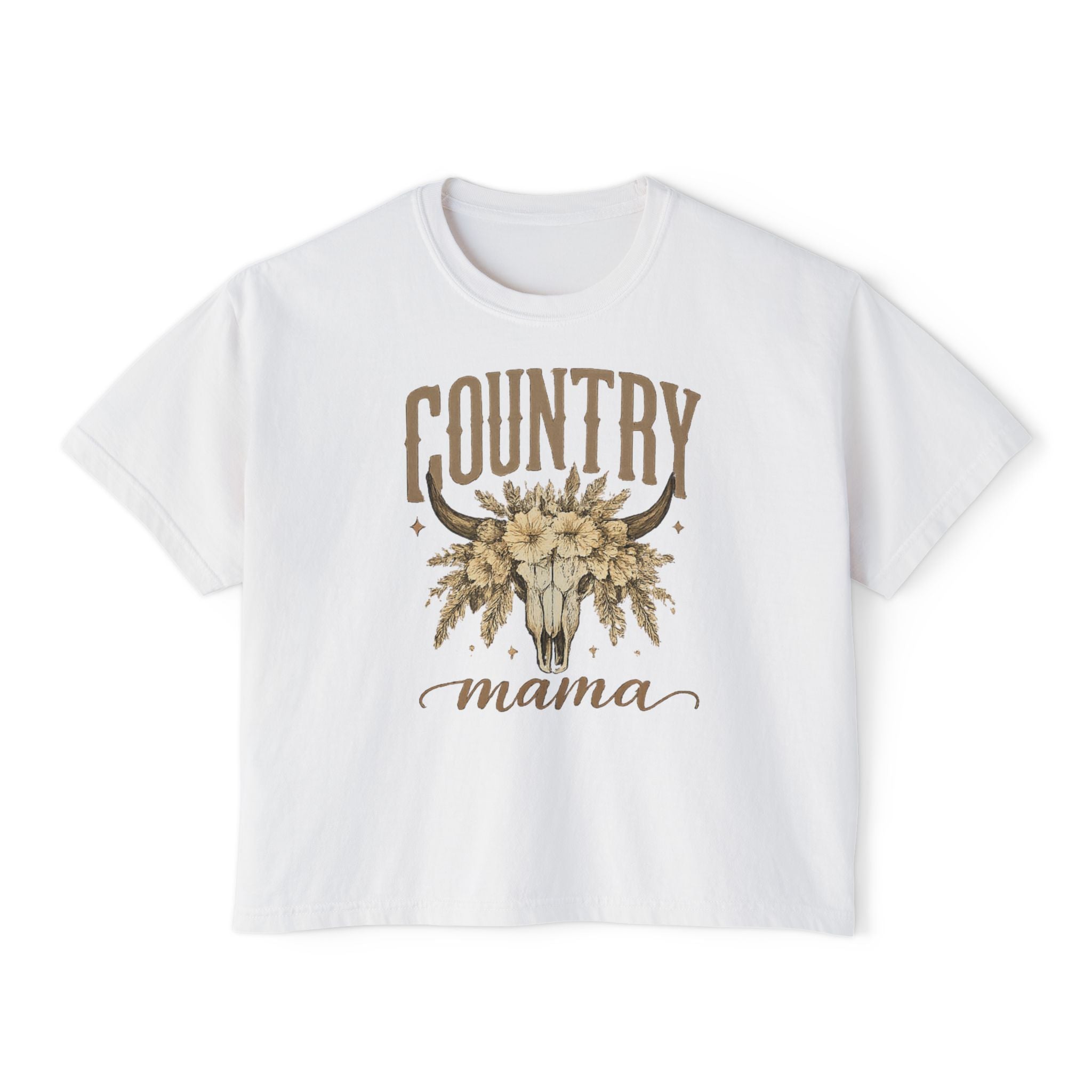 Country Mama Boxy Tee — Floral Bull Skull Graphic Tee for Moms