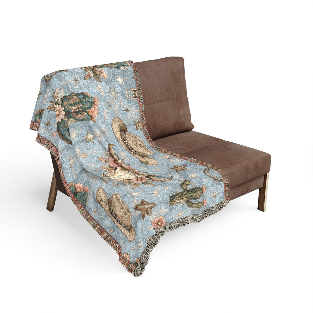 Cowboy Western Woven Blanket – Southwestern Boots, Cactus & Skull Throw