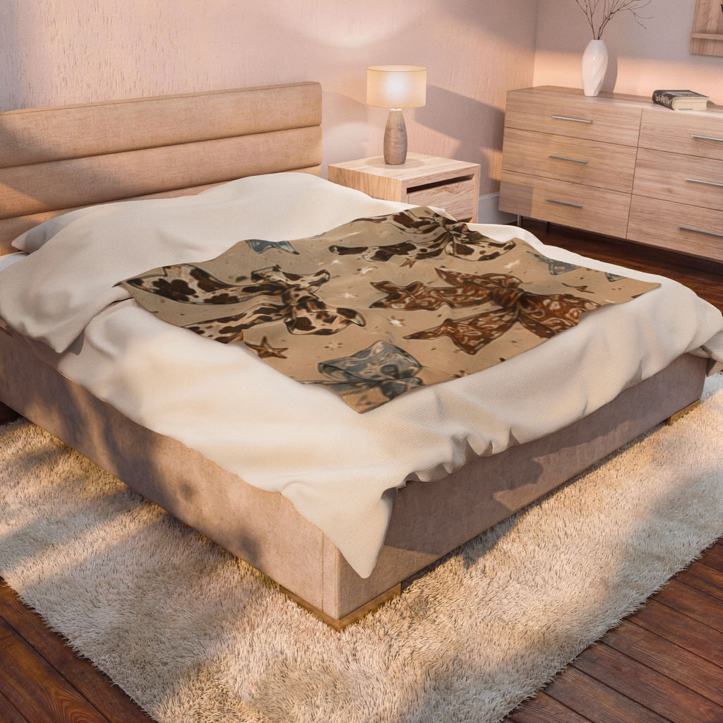 Cowgirl Bow Velveteen Plush Blanket — Western Cowhide Bow Pattern Throw