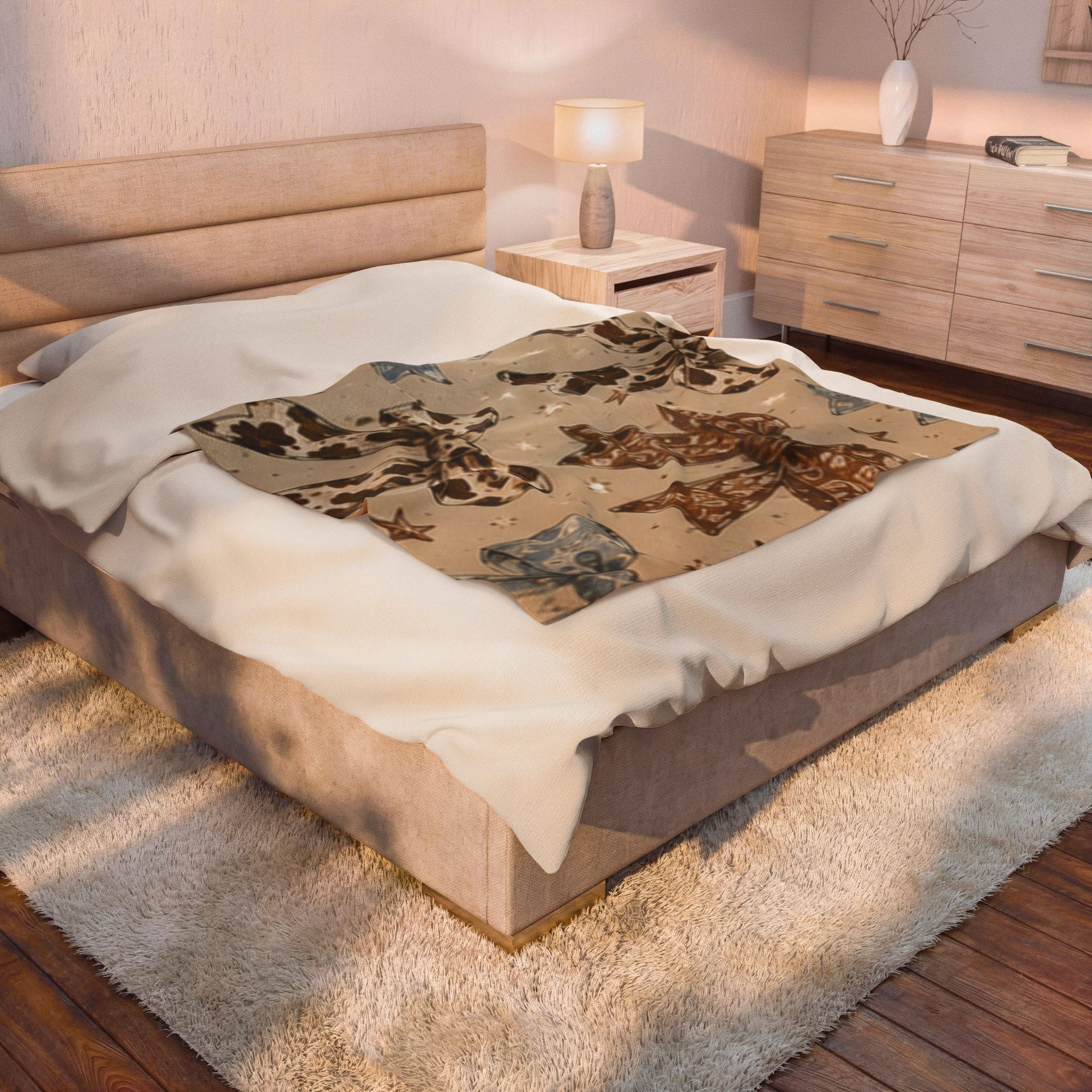 Cowgirl Bow Velveteen Plush Blanket — Western Cowhide Bow Pattern Throw
