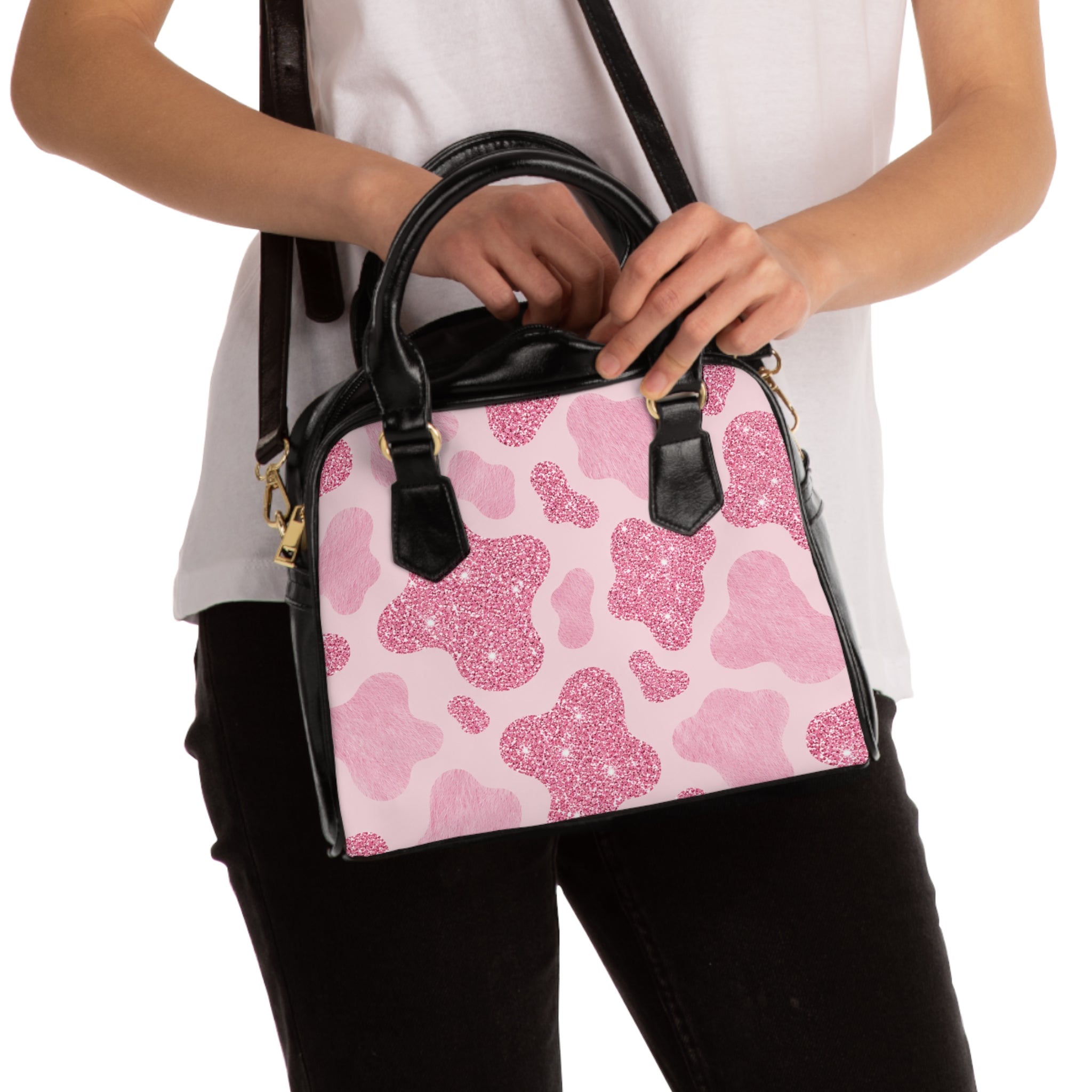 Pink Glitter Cow Print Shoulder Handbag