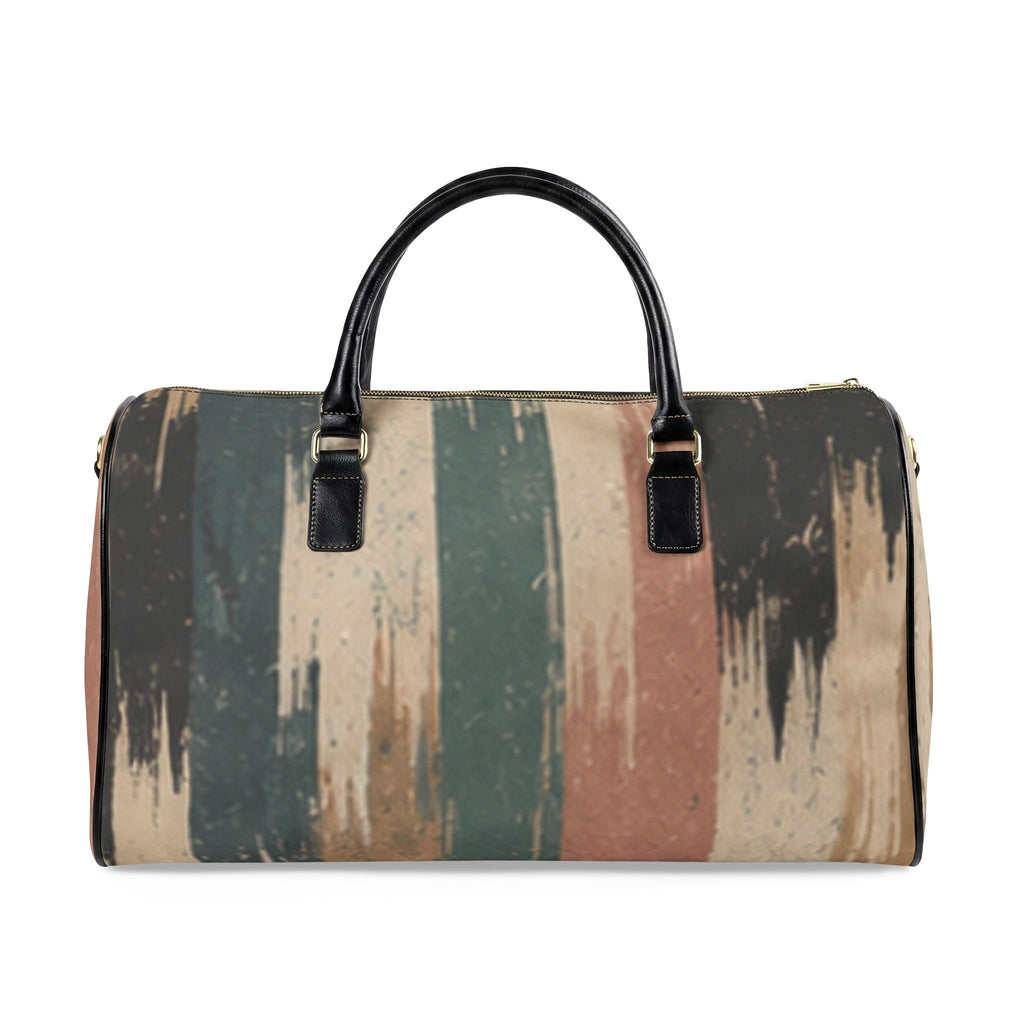 Vintage Striped Faux Leather Travel Bag — Distressed Earth Tone Weekender
