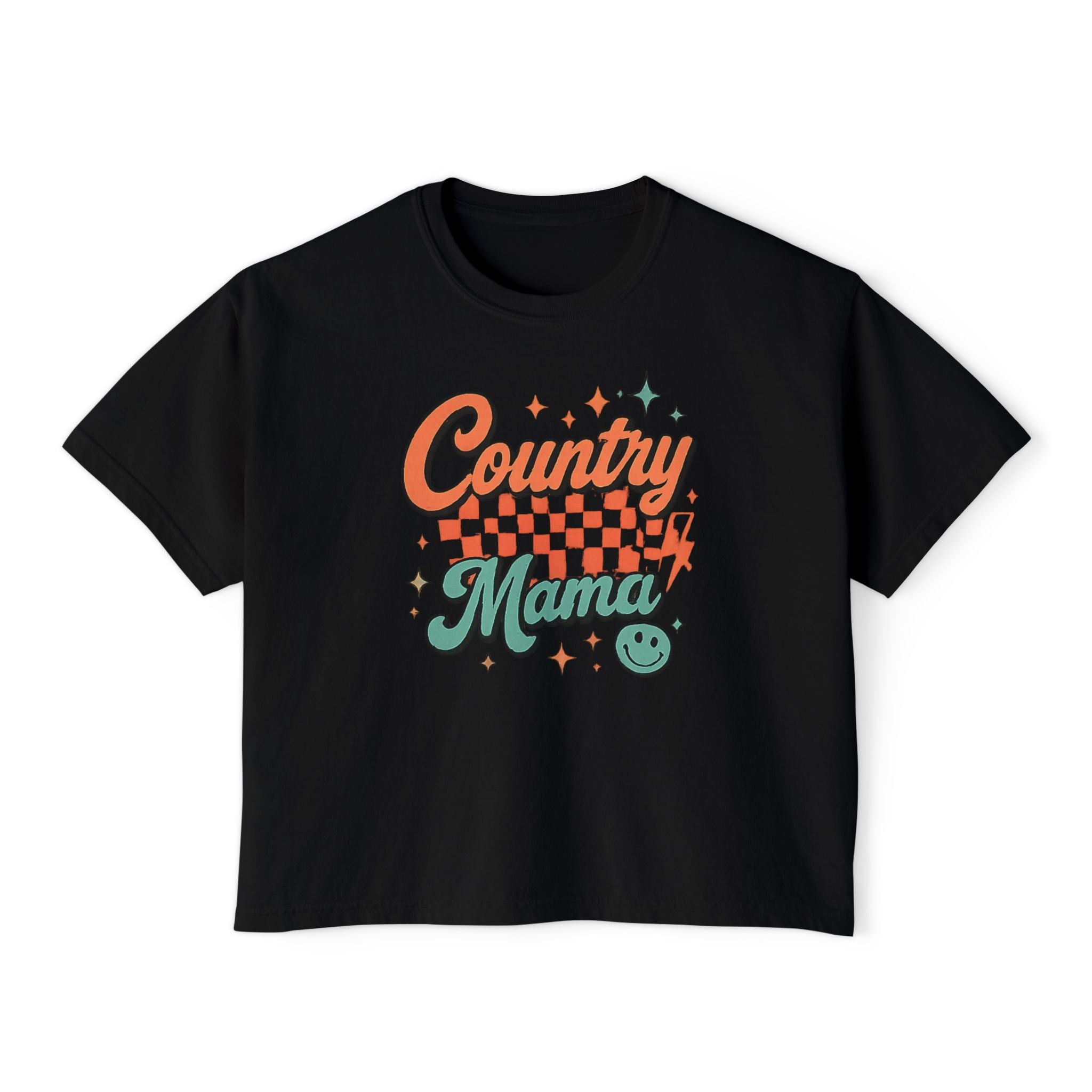 Country Mama Women's Boxy Tee — Retro Checker Smile Graphic