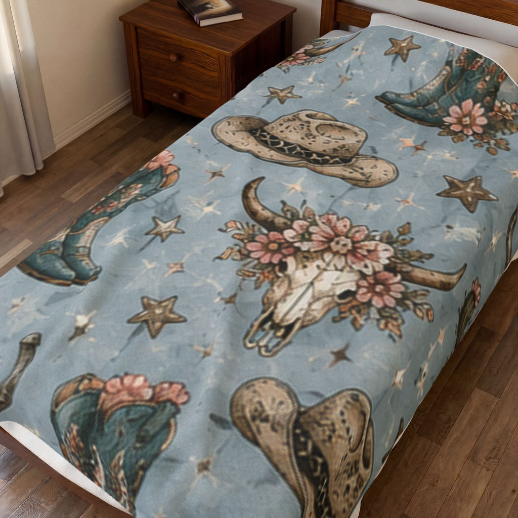 Western Floral Cow Skull Velveteen Plush Blanket — Cowboy Hat & Boots Pattern