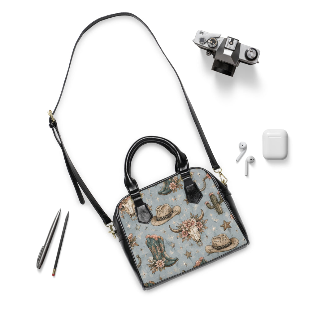 Western Cowgirl Shoulder Handbag — Floral Boots, Cowboy Hat & Skull Print
