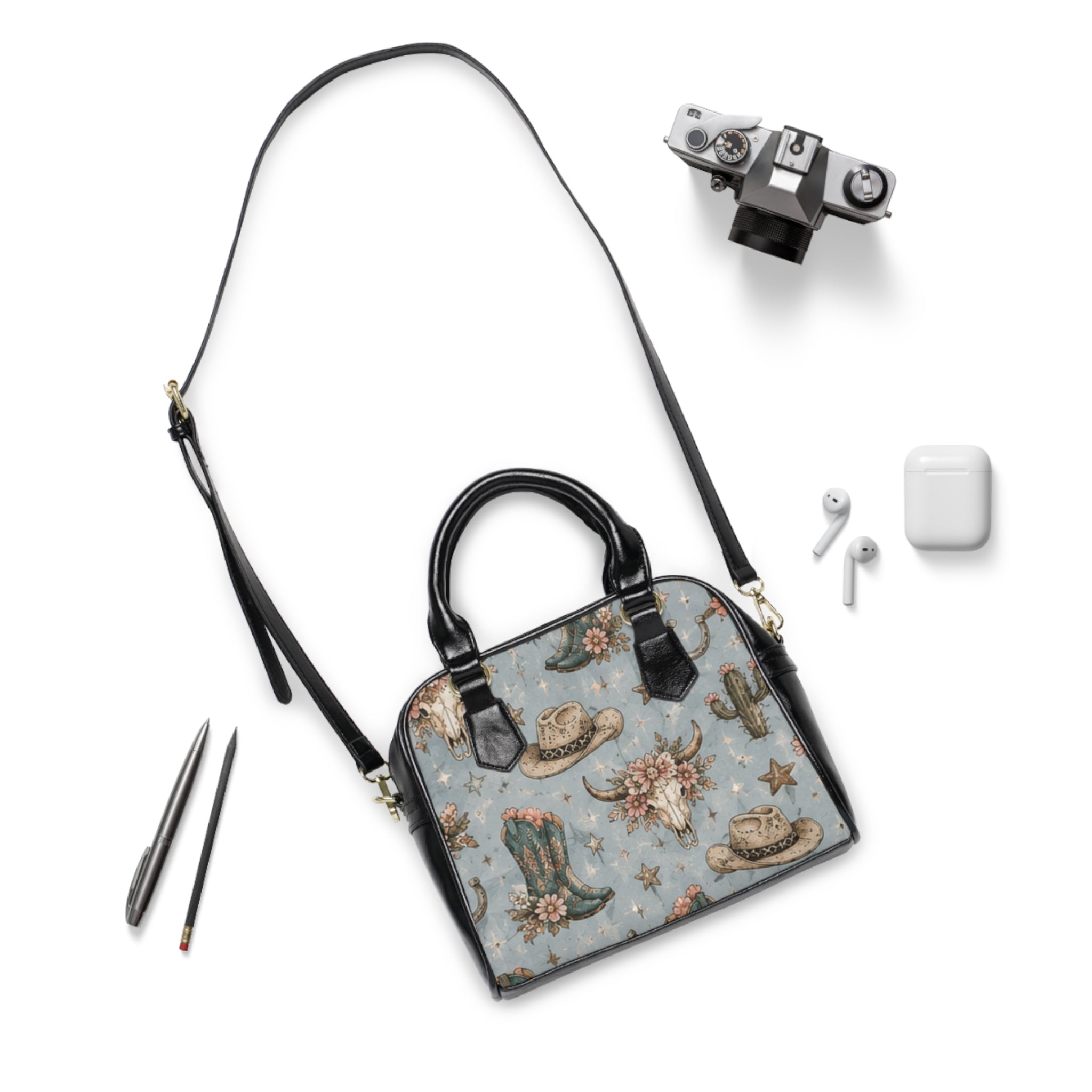 Western Cowgirl Shoulder Handbag — Floral Boots, Cowboy Hat & Skull Print