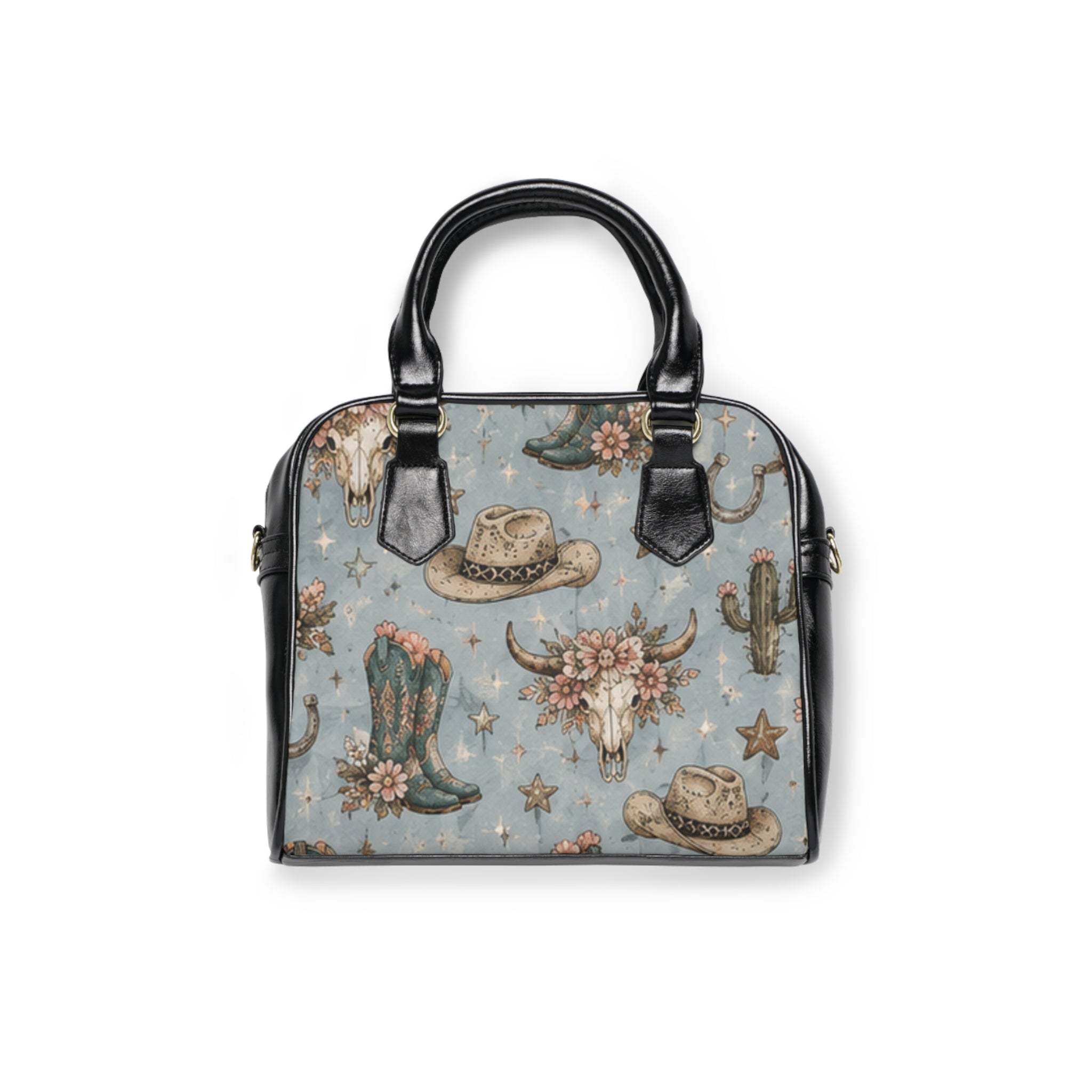 Western Cowgirl Shoulder Handbag — Floral Boots, Cowboy Hat & Skull Print