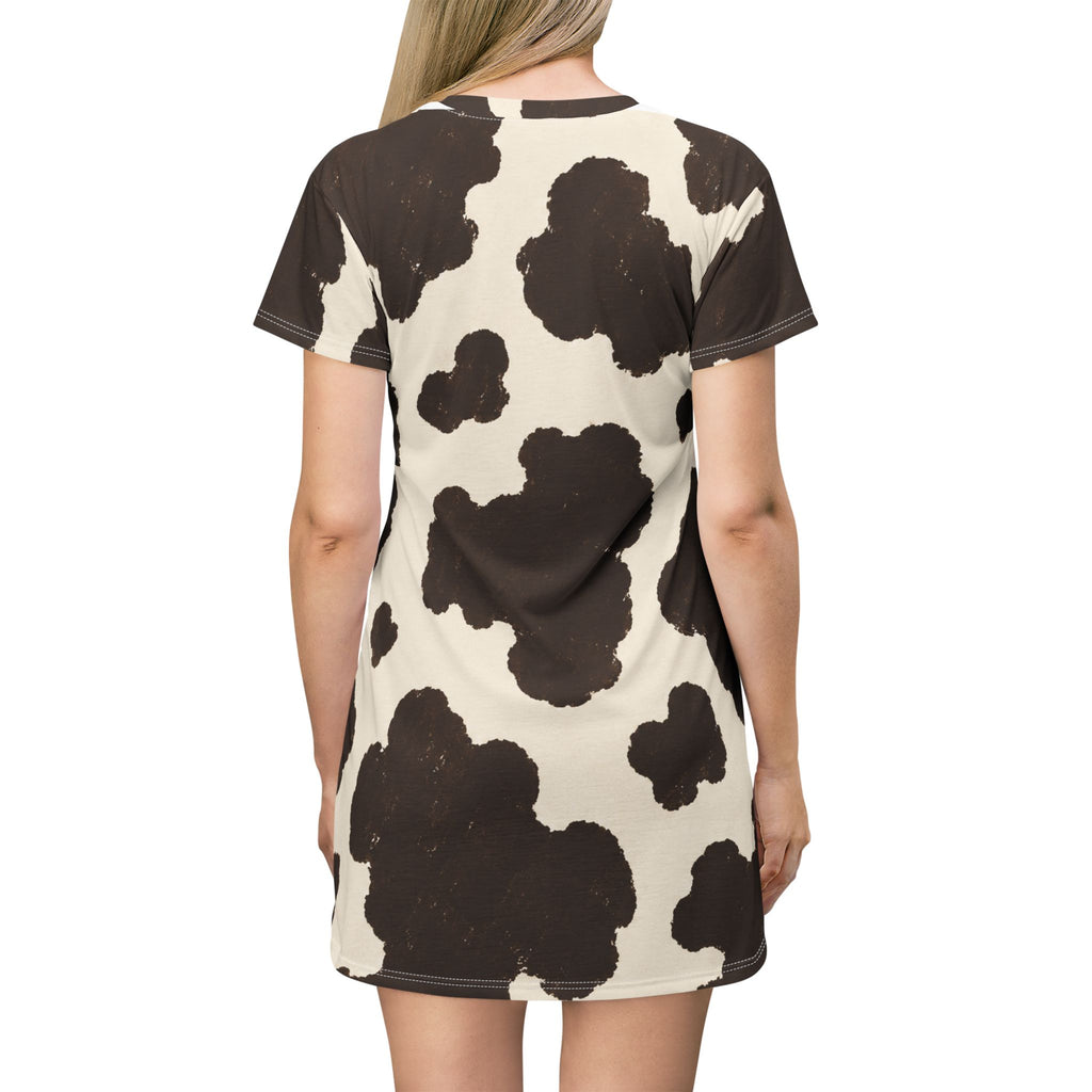 Brown Cow Print T-Shirt Dress | All-Over Print Cowhide Pattern