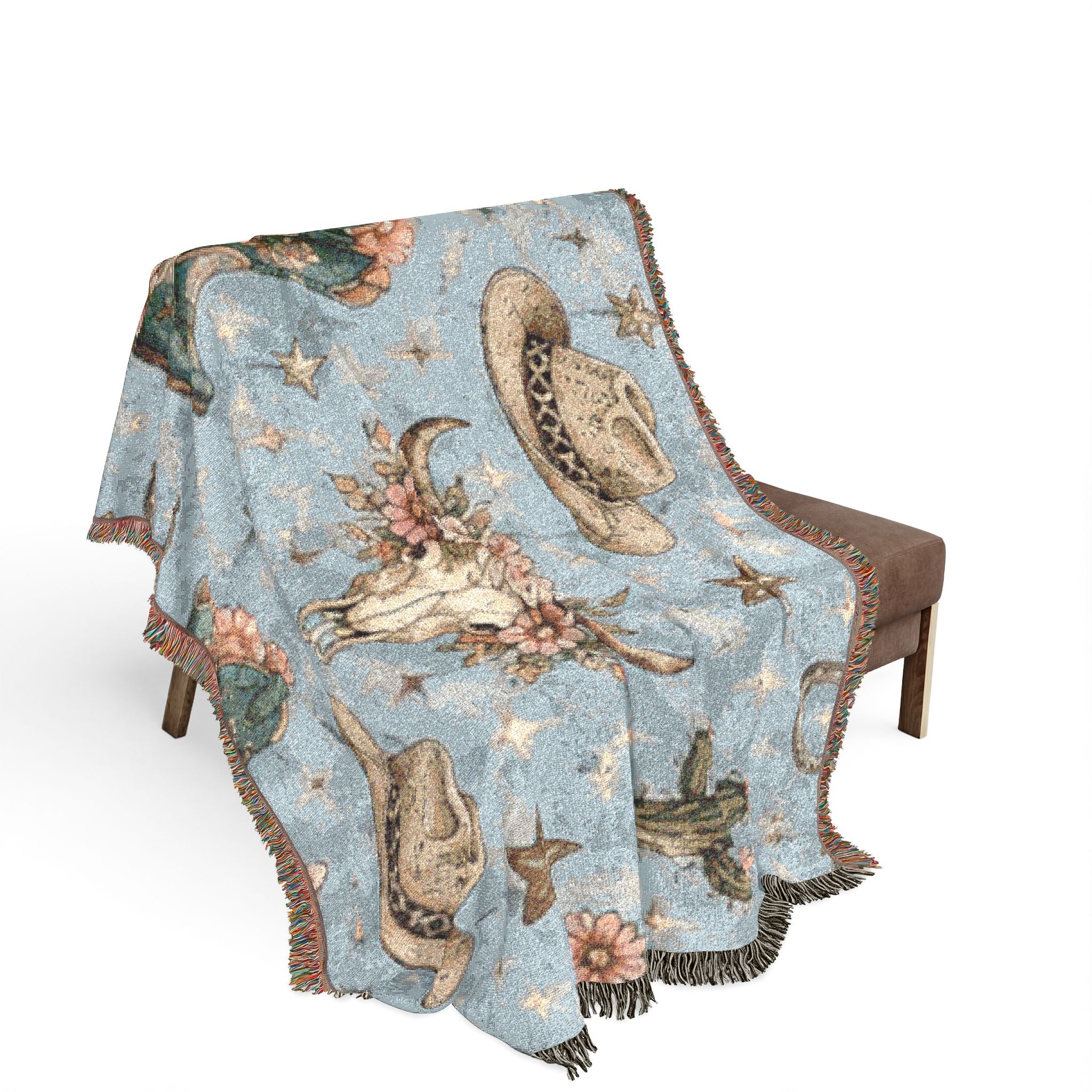 Cowboy Western Woven Blanket – Southwestern Boots, Cactus & Skull Throw