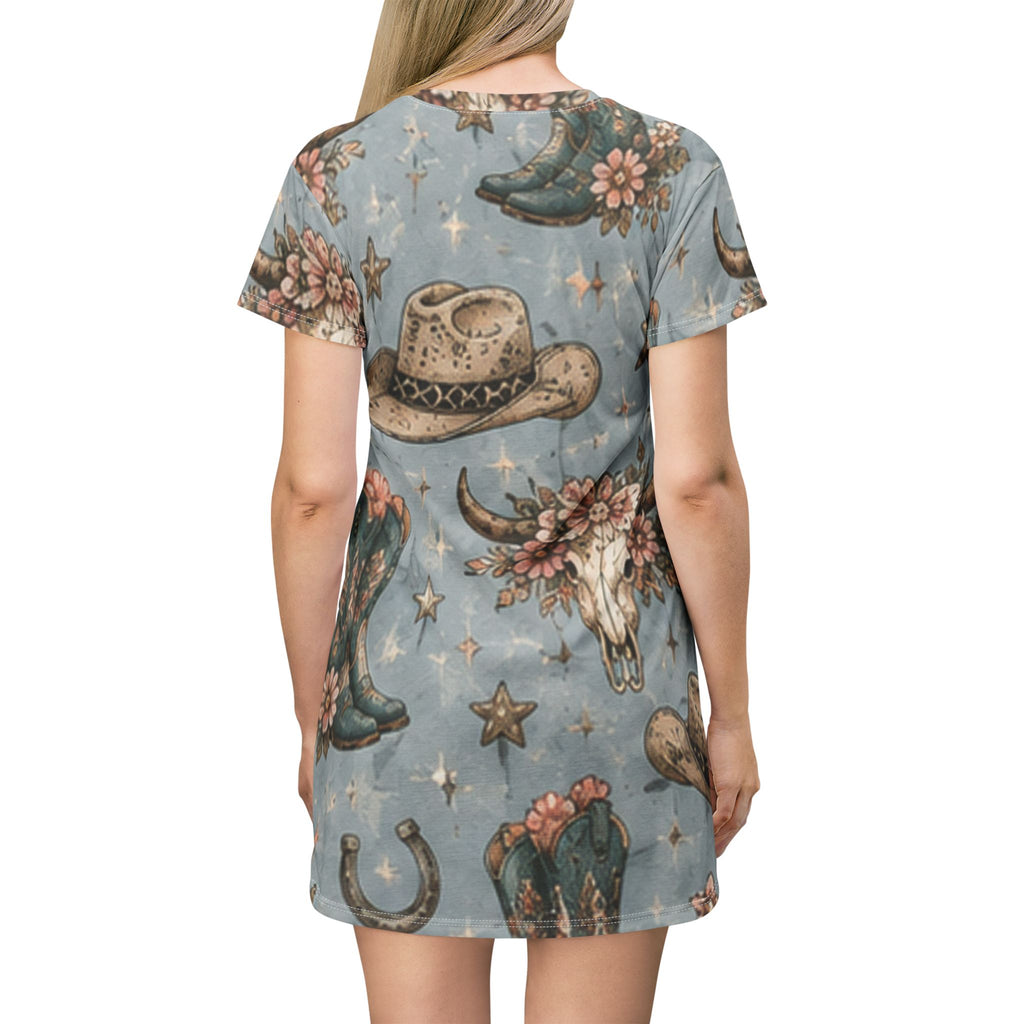 Cowgirl Western T‑Shirt Dress — Floral Bull Skull & Cowboy Hat All‑Over Print