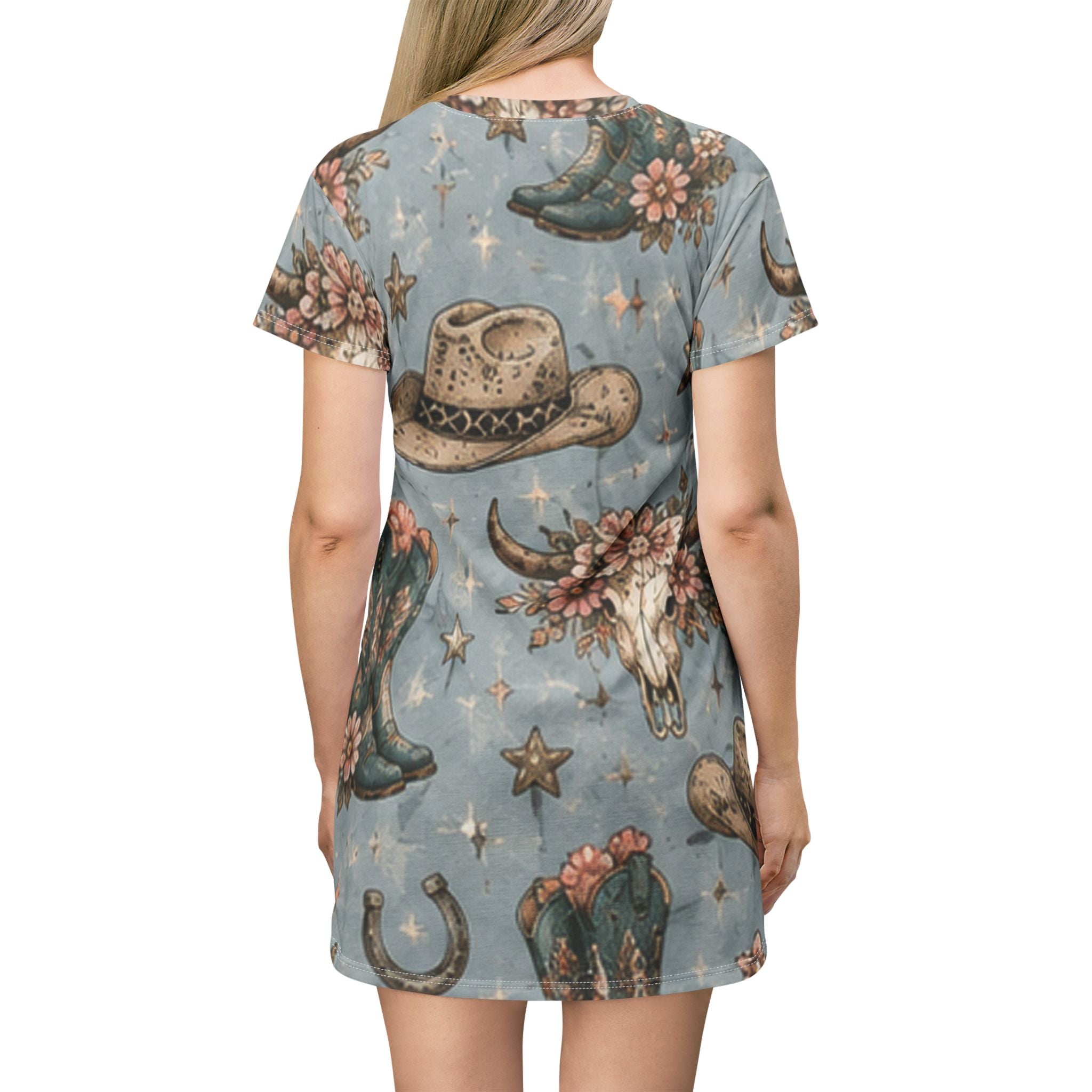 Cowgirl Western T‑Shirt Dress — Floral Bull Skull & Cowboy Hat All‑Over Print
