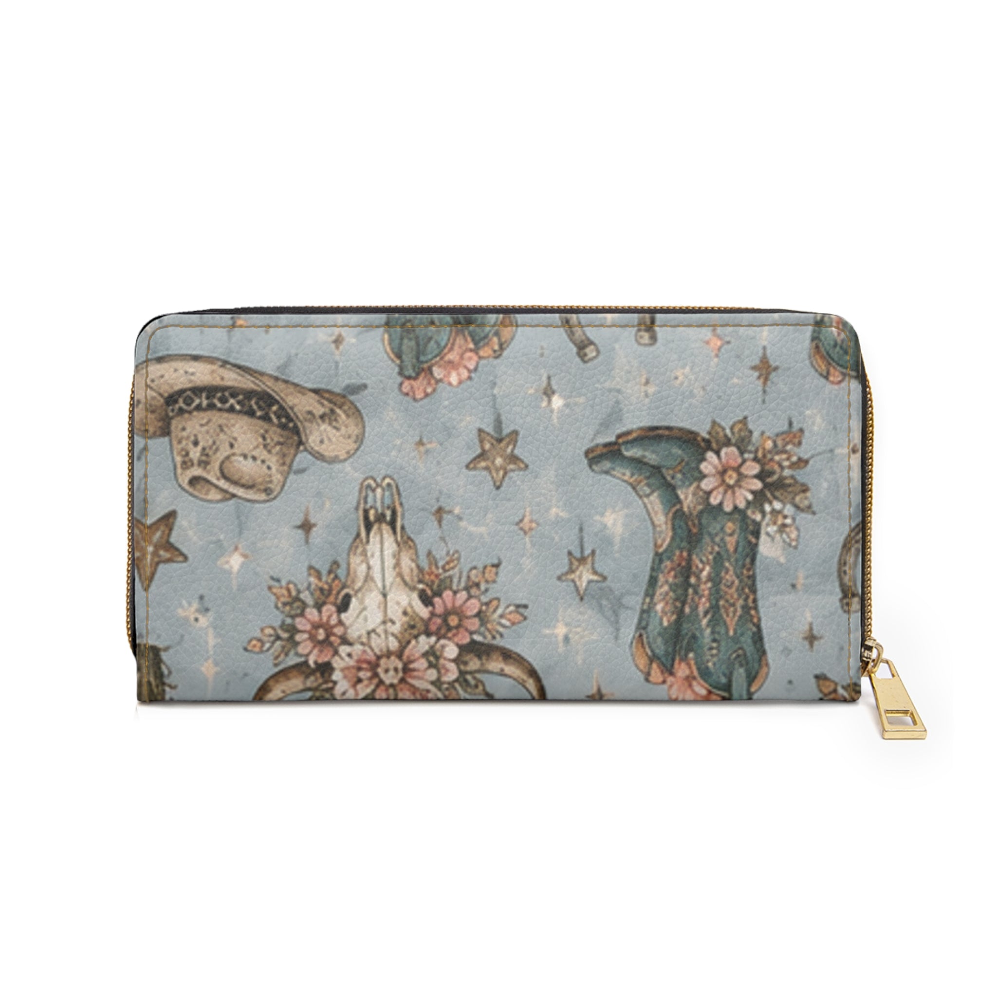 Western Floral Zipper Wallet – Cow Skull, Cowboy Hat & Horseshoe Ranch Print