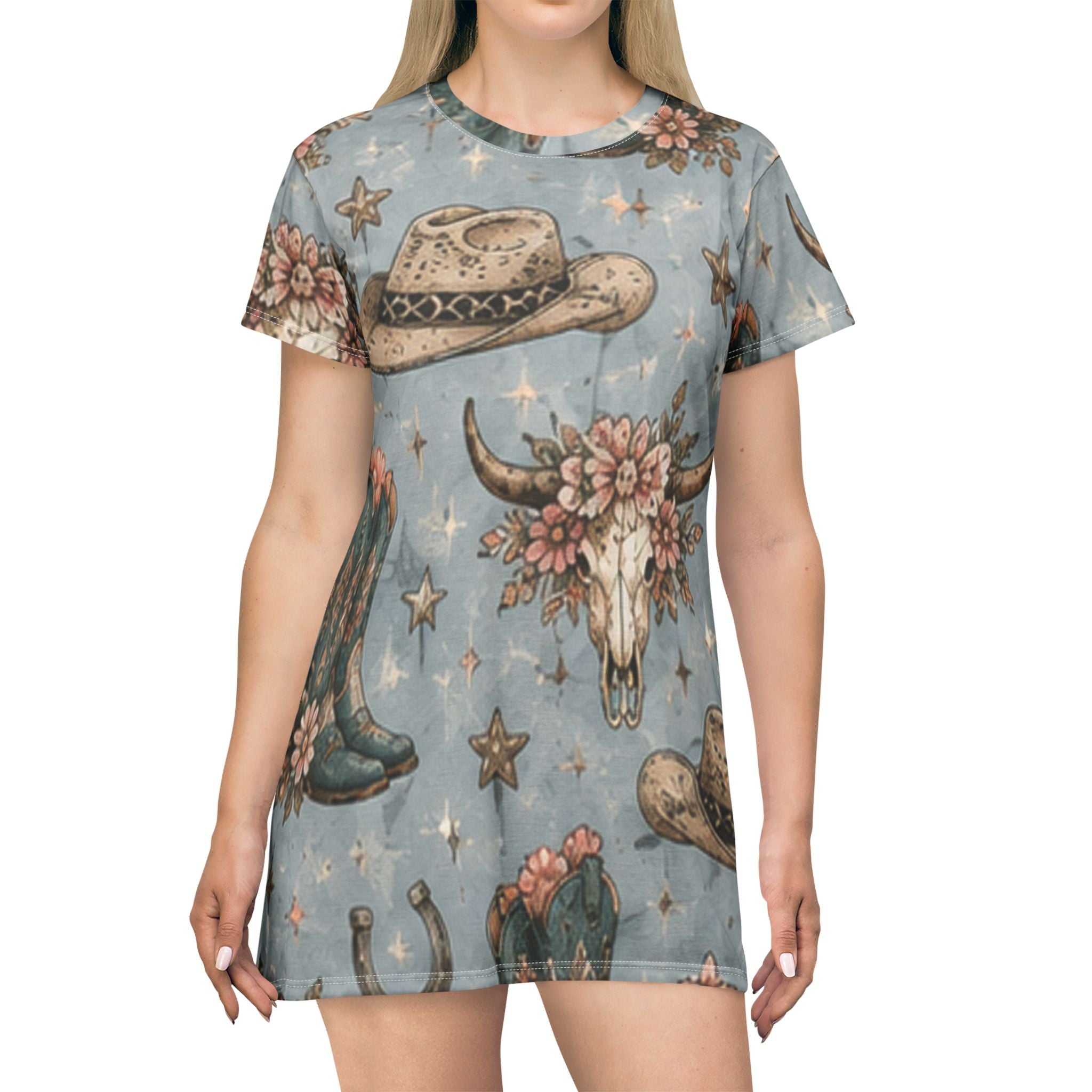 Cowgirl Western T‑Shirt Dress — Floral Bull Skull & Cowboy Hat All‑Over Print