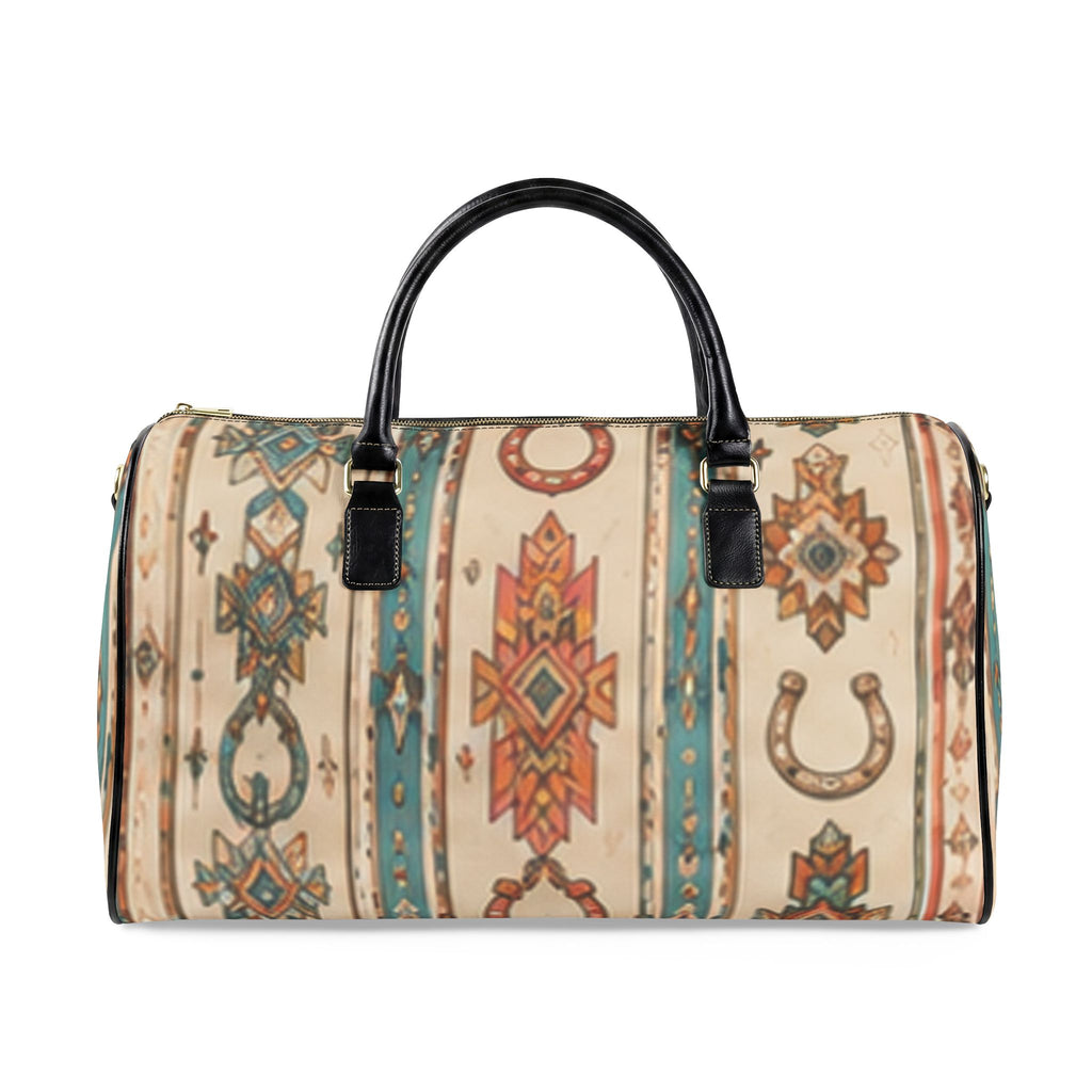 Boho Western Duffle Bag - Faux Leather Travel Bag with Aztec & Horseshoe Print