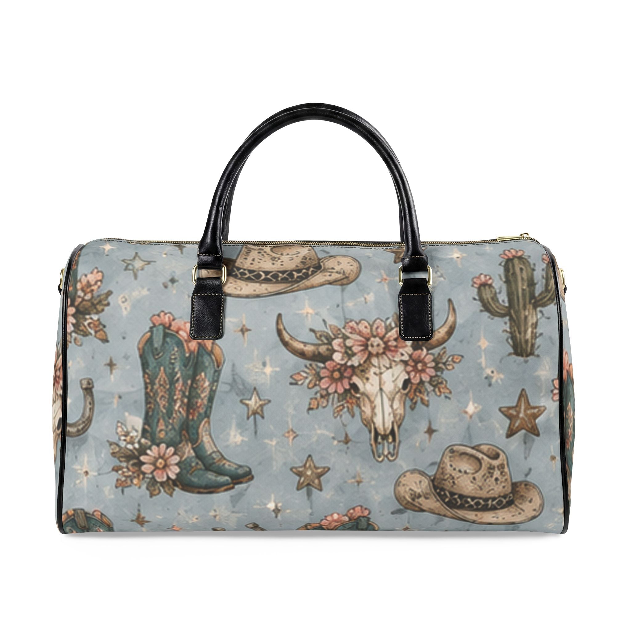 Western Floral Weekender Bag — Cowboy Boots, Skull & Cactus Faux Leather Travel Bag