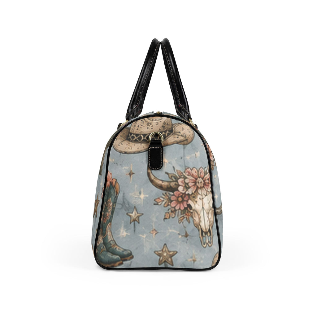 Western Floral Weekender Bag — Cowboy Boots, Skull & Cactus Faux Leather Travel Bag