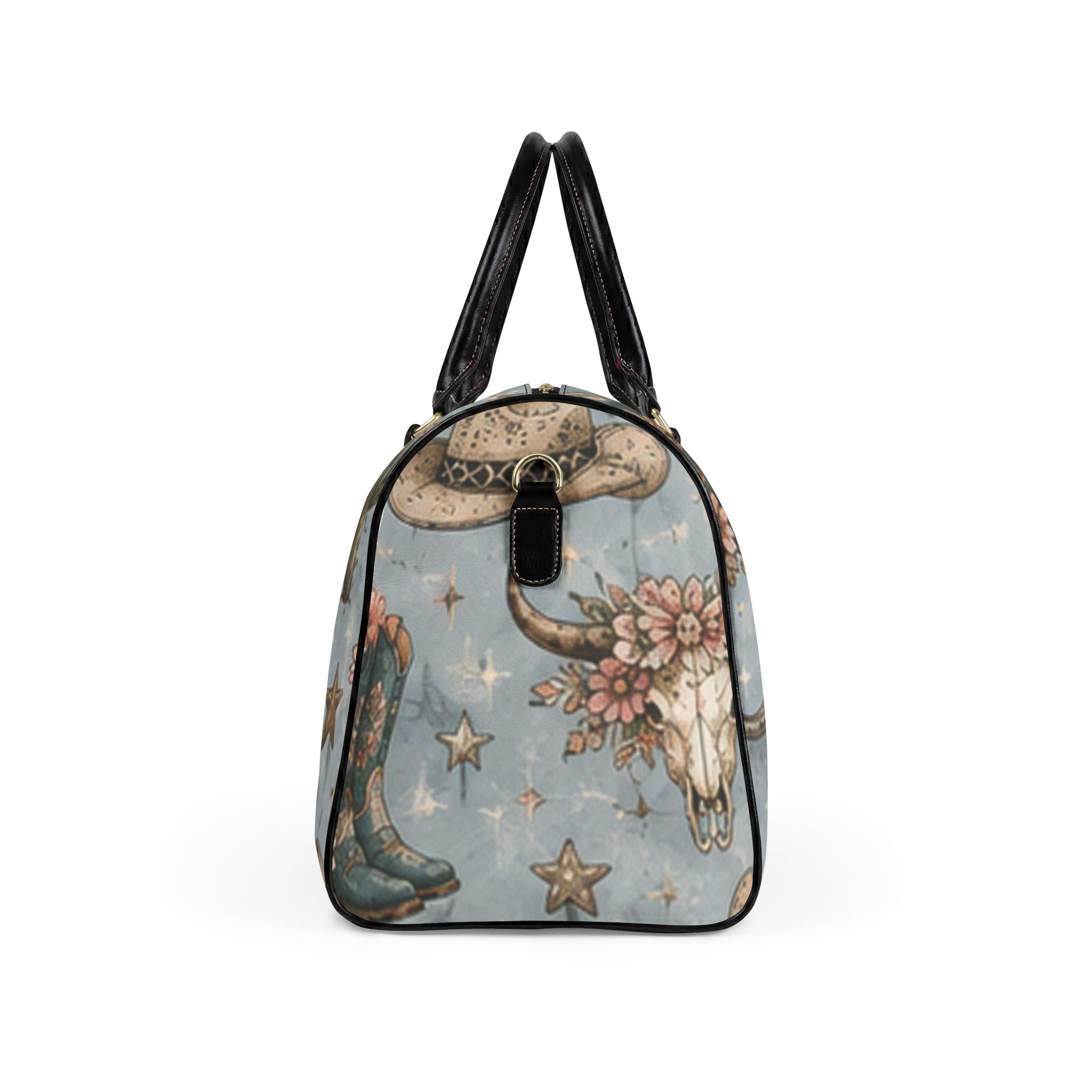 Western Floral Weekender Bag — Cowboy Boots, Skull & Cactus Faux Leather Travel Bag