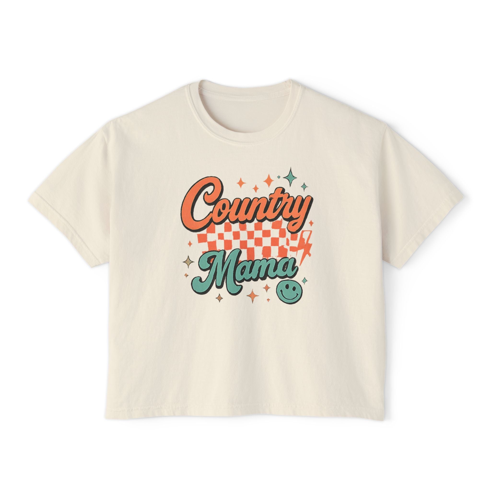 Country Mama Women's Boxy Tee — Retro Checker Smile Graphic