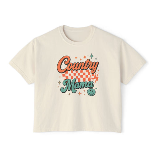 Country Mama Women's Boxy Tee — Retro Checker Smile Graphic