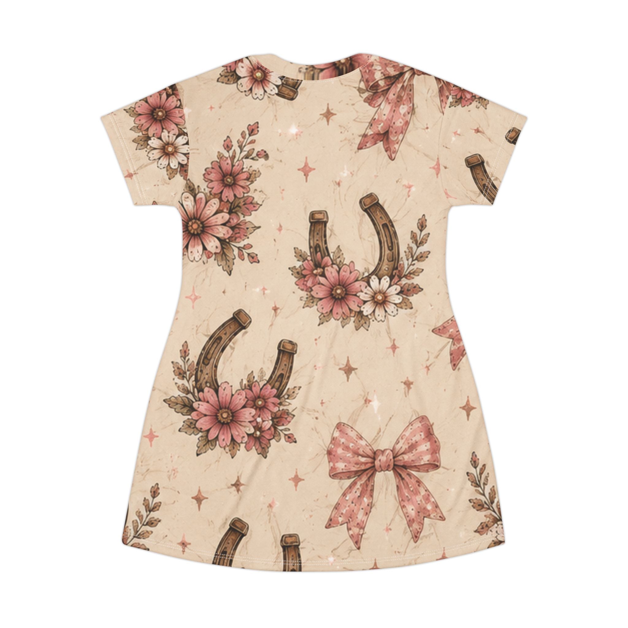 Floral Horseshoe T‑Shirt Dress – Vintage Cowgirl Bow Print