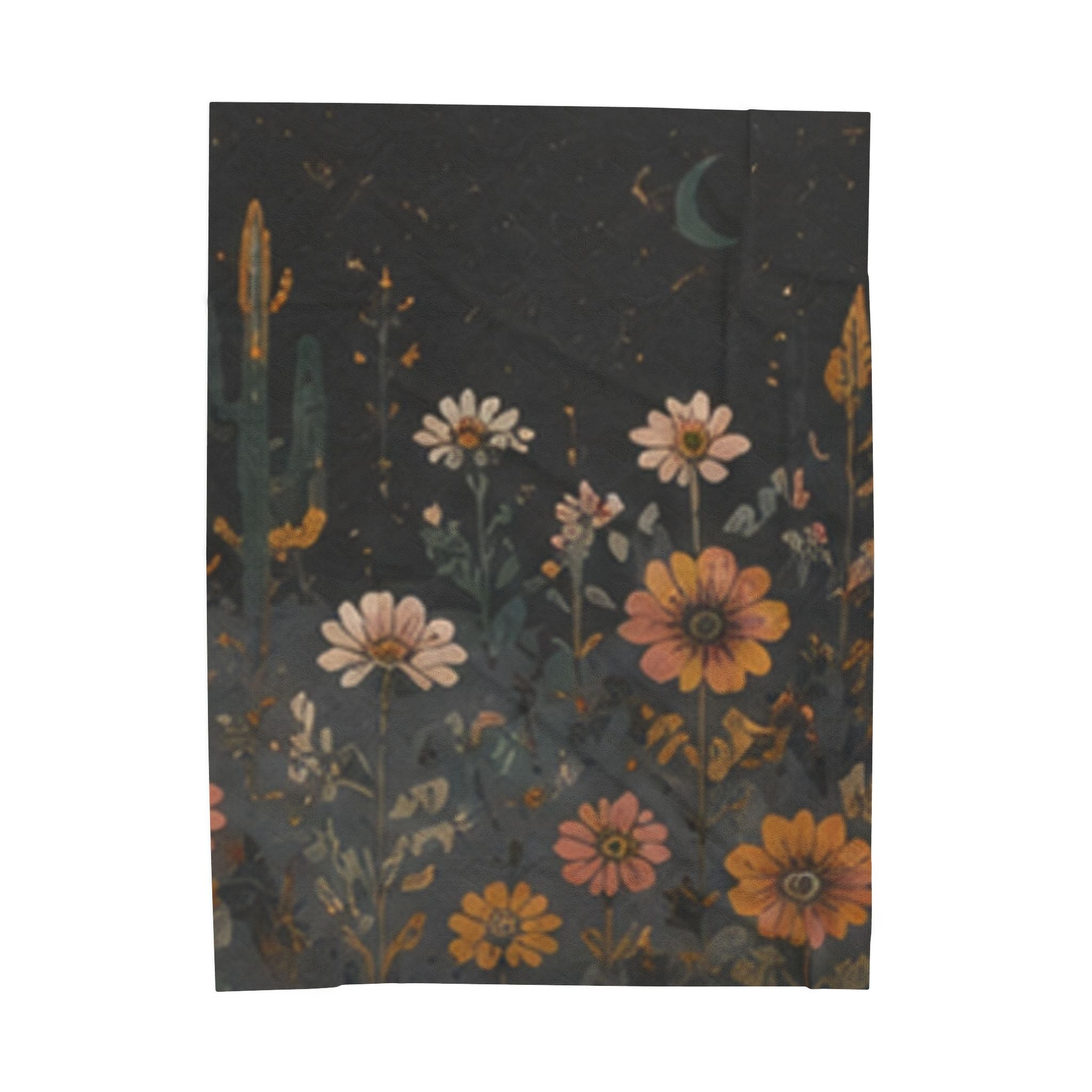 Velveteen Plush Blanket — Midnight Wildflower Throw (Boho Floral Moon)