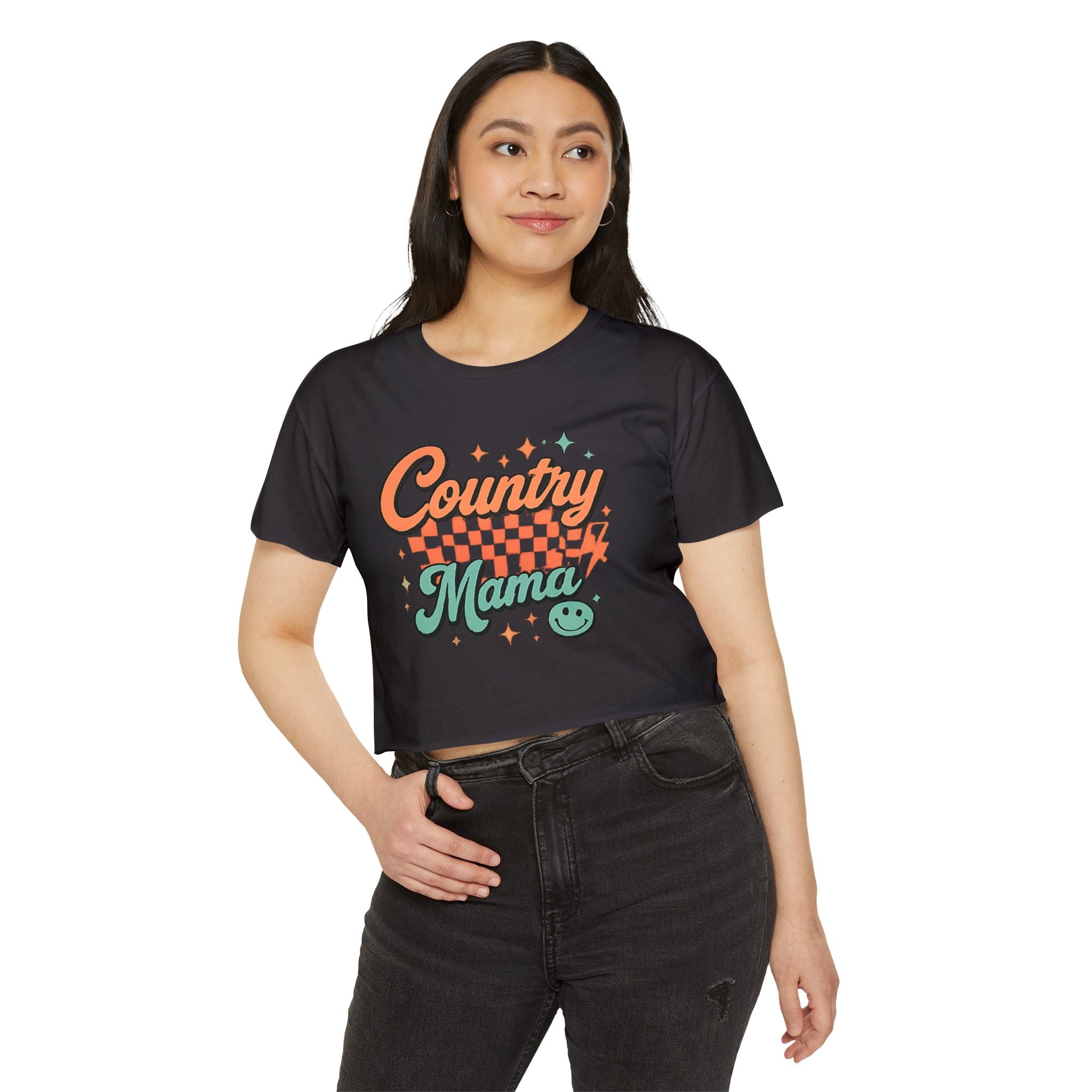 Crop Top — "Country Mama" Retro Checker Festival Tee
