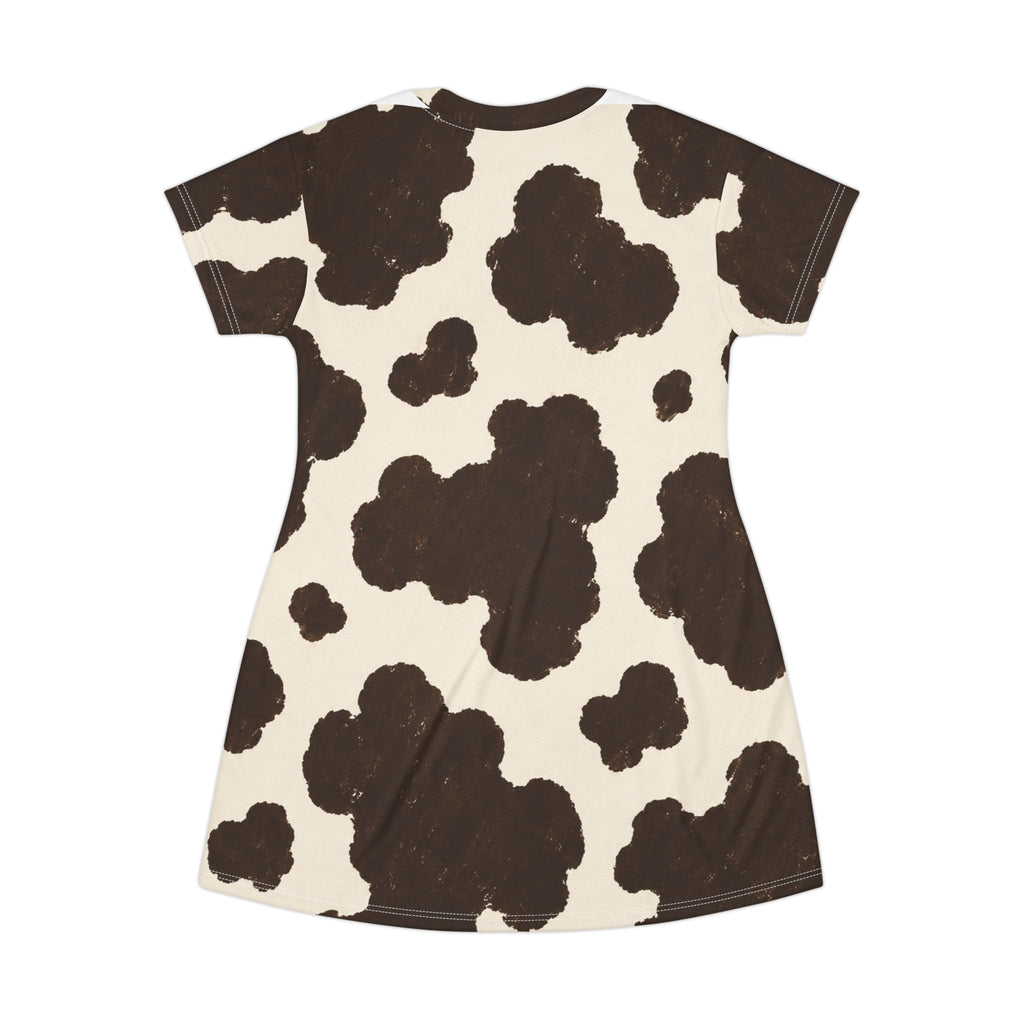 Brown Cow Print T-Shirt Dress | All-Over Print Cowhide Pattern