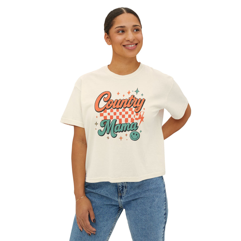 Country Mama Women's Boxy Tee — Retro Checker Smile Graphic