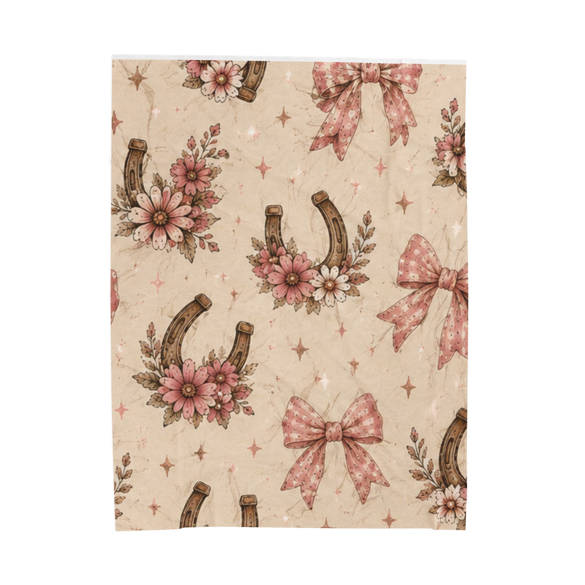 Velveteen Plush Blanket - Vintage Floral Horseshoe Throw with Pink Bows