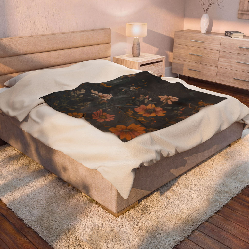 Velveteen Plush Blanket — Midnight Wildflower Throw (Boho Floral Moon)