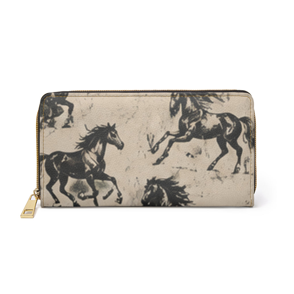 Horse Print Zipper Wallet — Vintage Sketch Galloping Horses Long Wallet