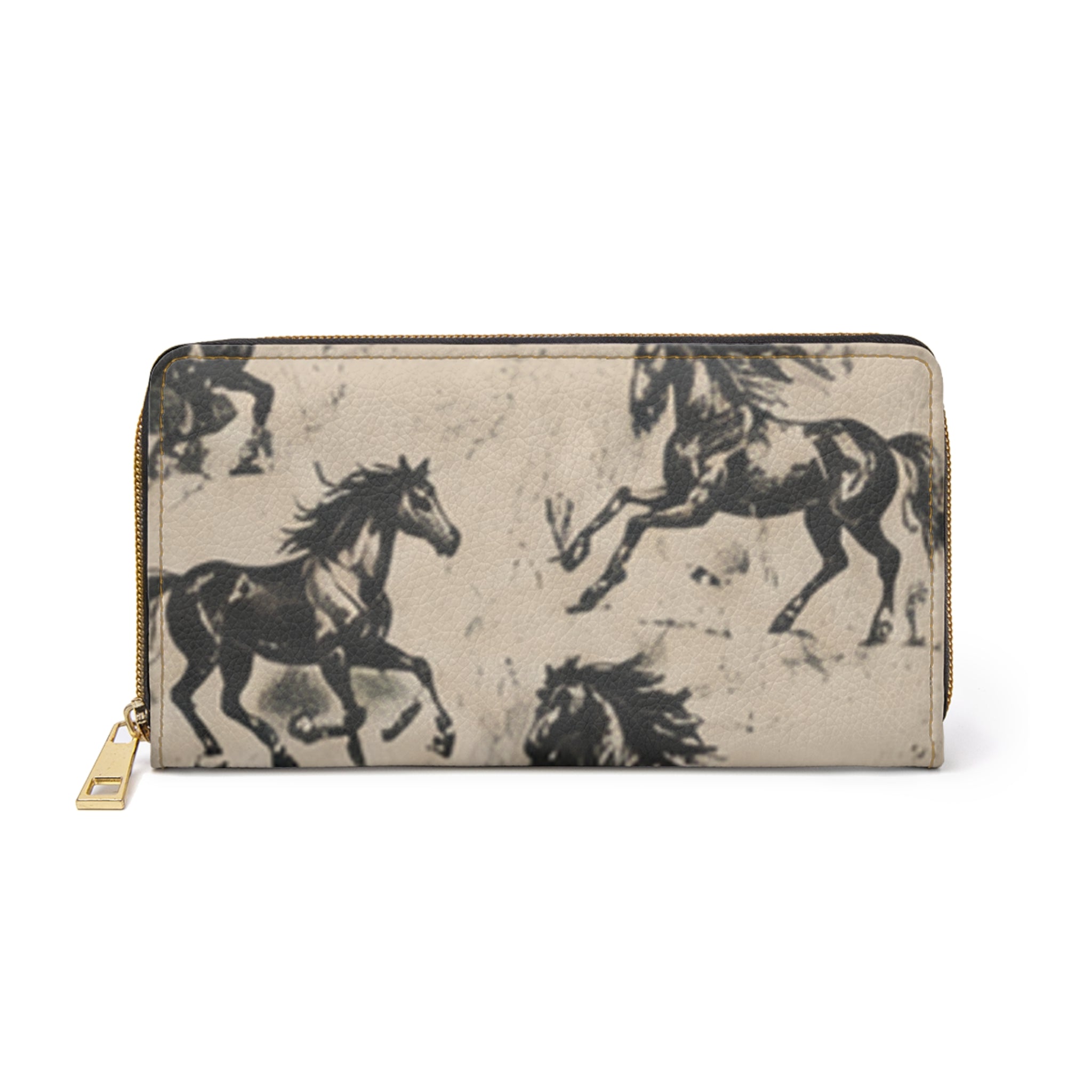 Horse Print Zipper Wallet — Vintage Sketch Galloping Horses Long Wallet