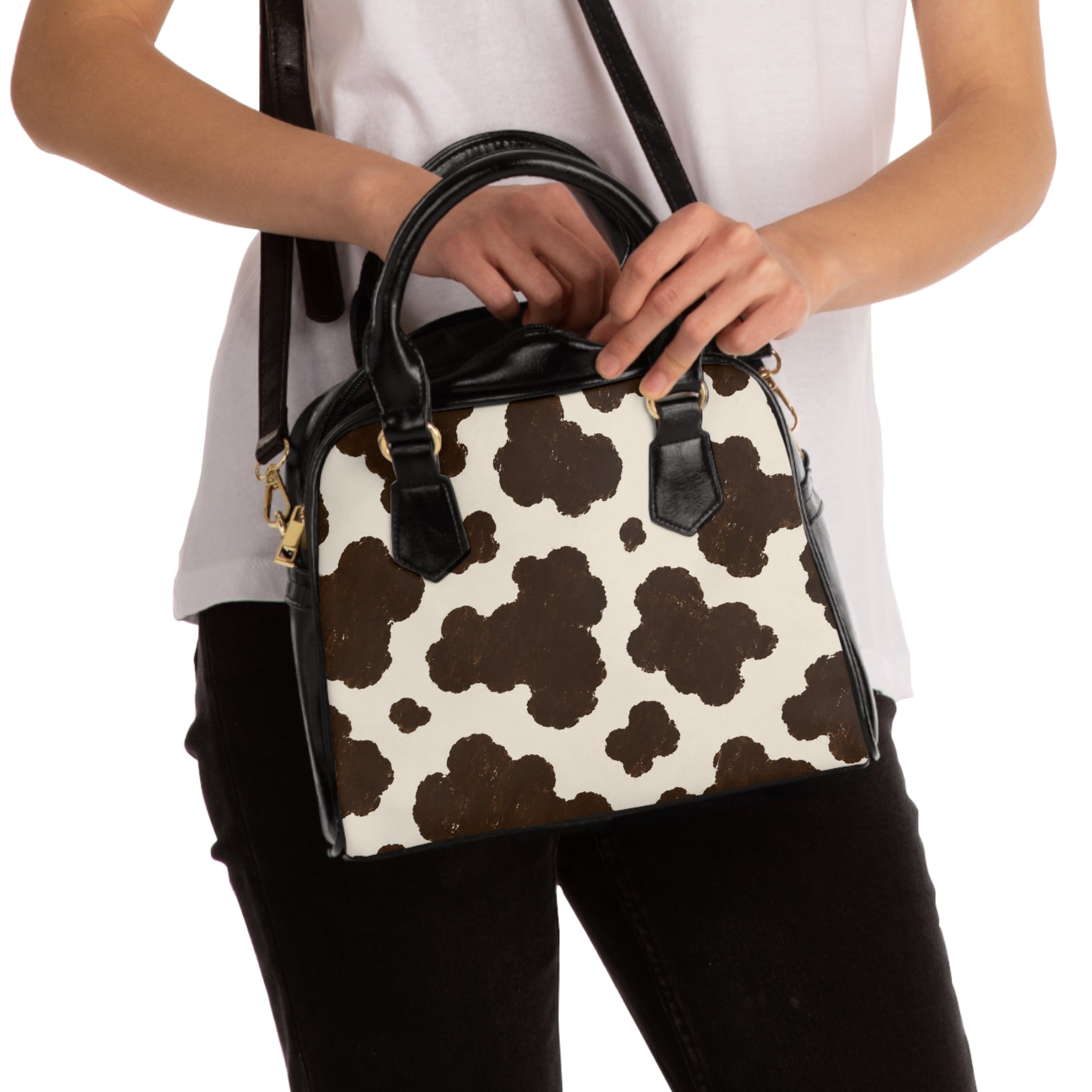 Cow Print Shoulder Handbag – Brown & Cream Tote Purse
