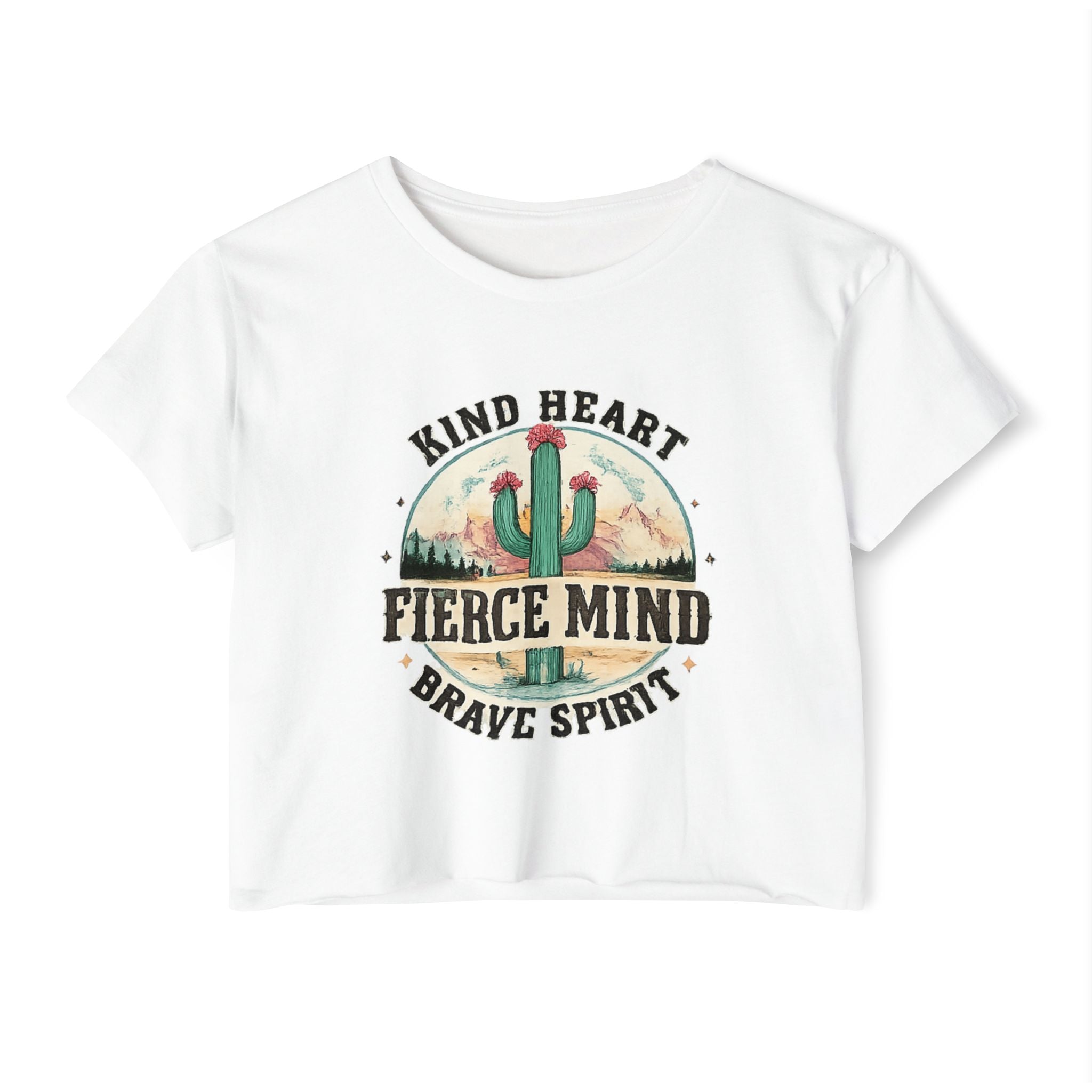 Women's Festival Crop Top — "Kind Heart, Fierce Mind" Cactus Graphic Crop Tee
