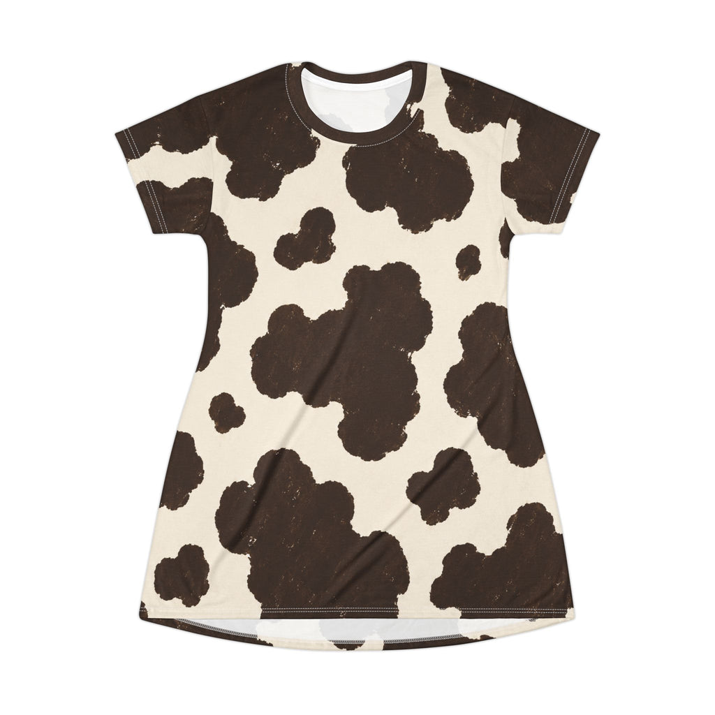 Brown Cow Print T-Shirt Dress | All-Over Print Cowhide Pattern