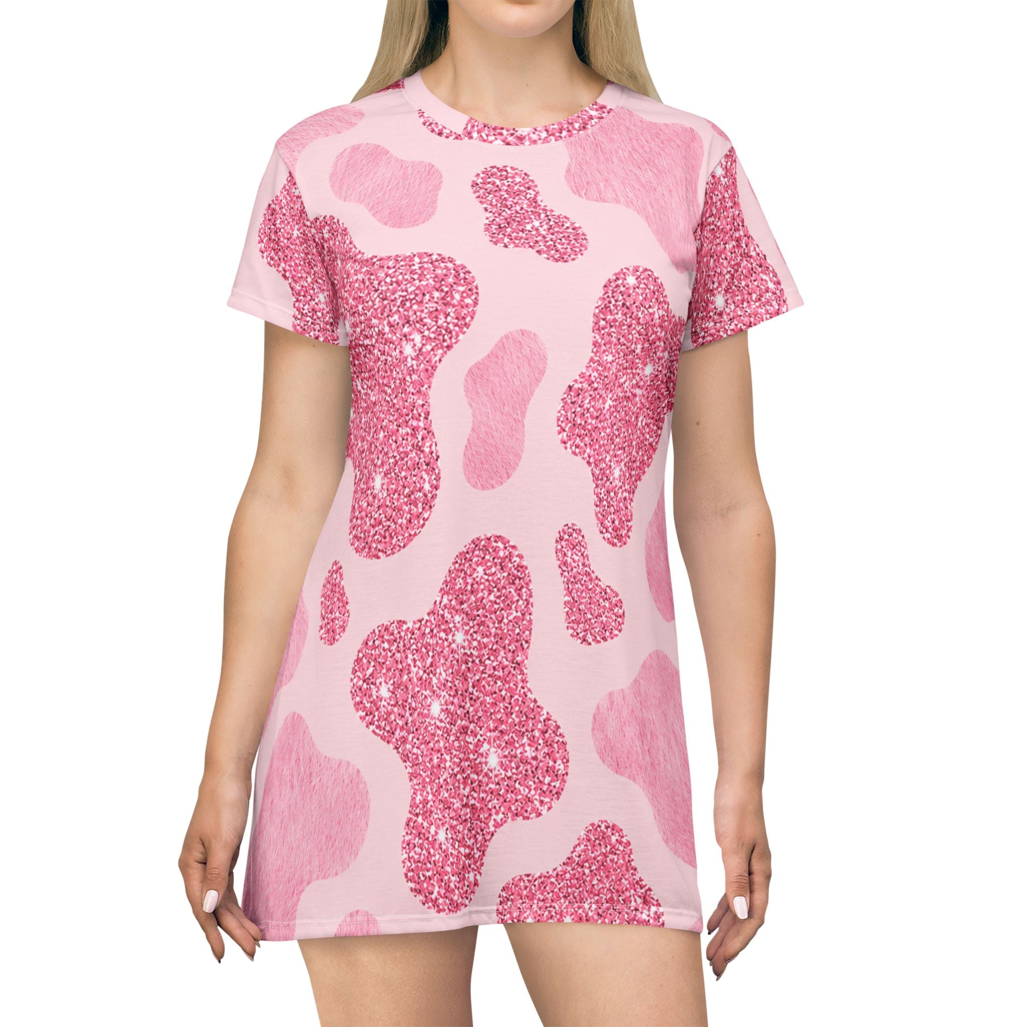 Pink Glitter Cow Print T-Shirt Dress – All-Over Print Cute Cowhide Pattern
