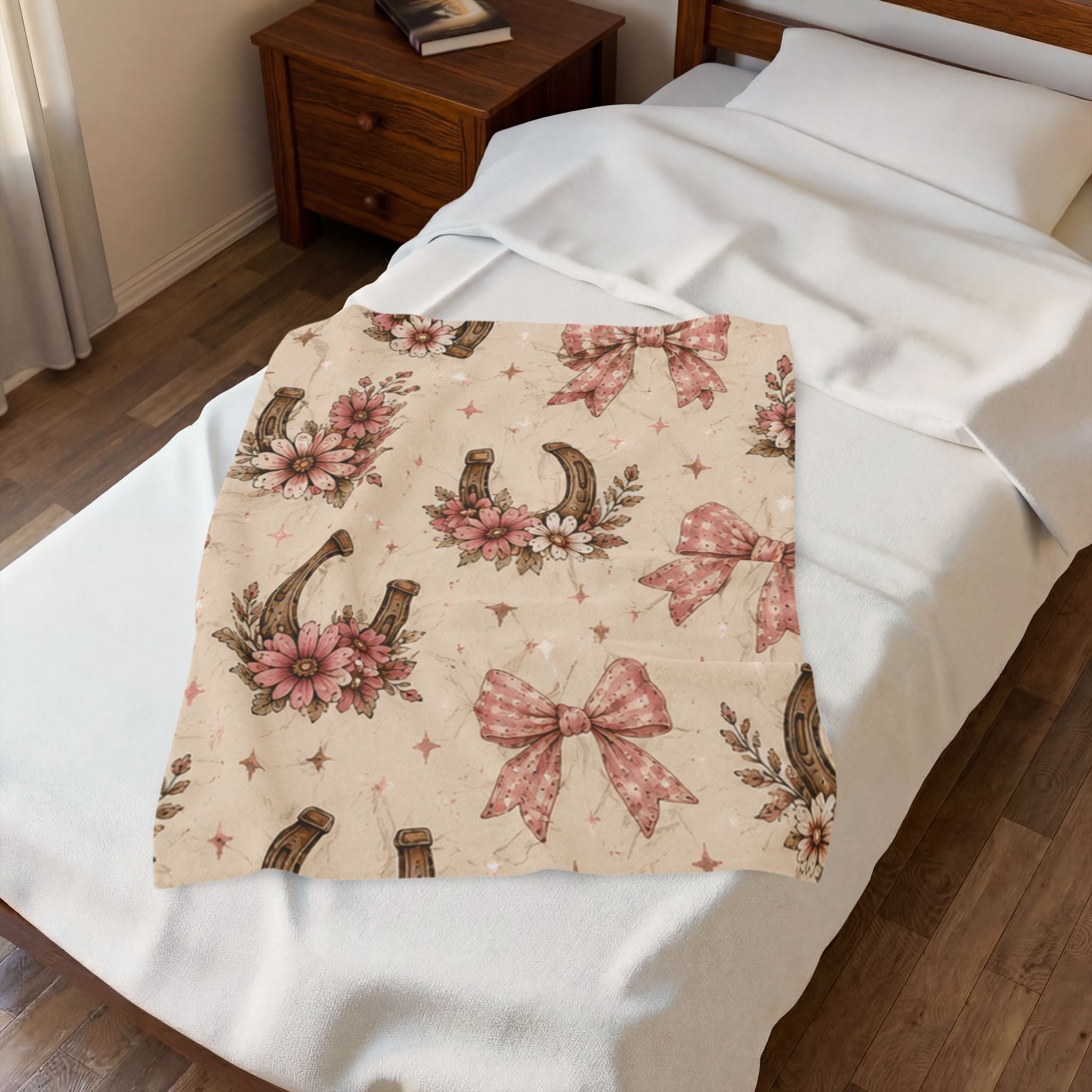 Velveteen Plush Blanket - Vintage Floral Horseshoe Throw with Pink Bows