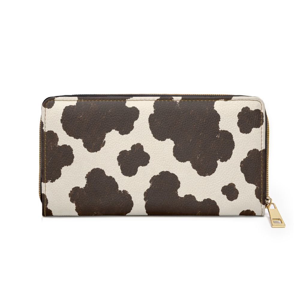 Cow Print Zipper Wallet — Stylish Zip-Around Wallet with Brown & White Cowhide Pattern