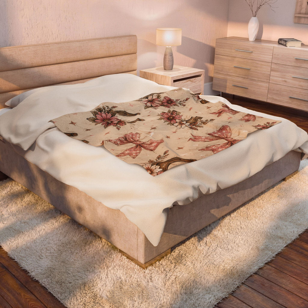 Velveteen Plush Blanket - Vintage Floral Horseshoe Throw with Pink Bows