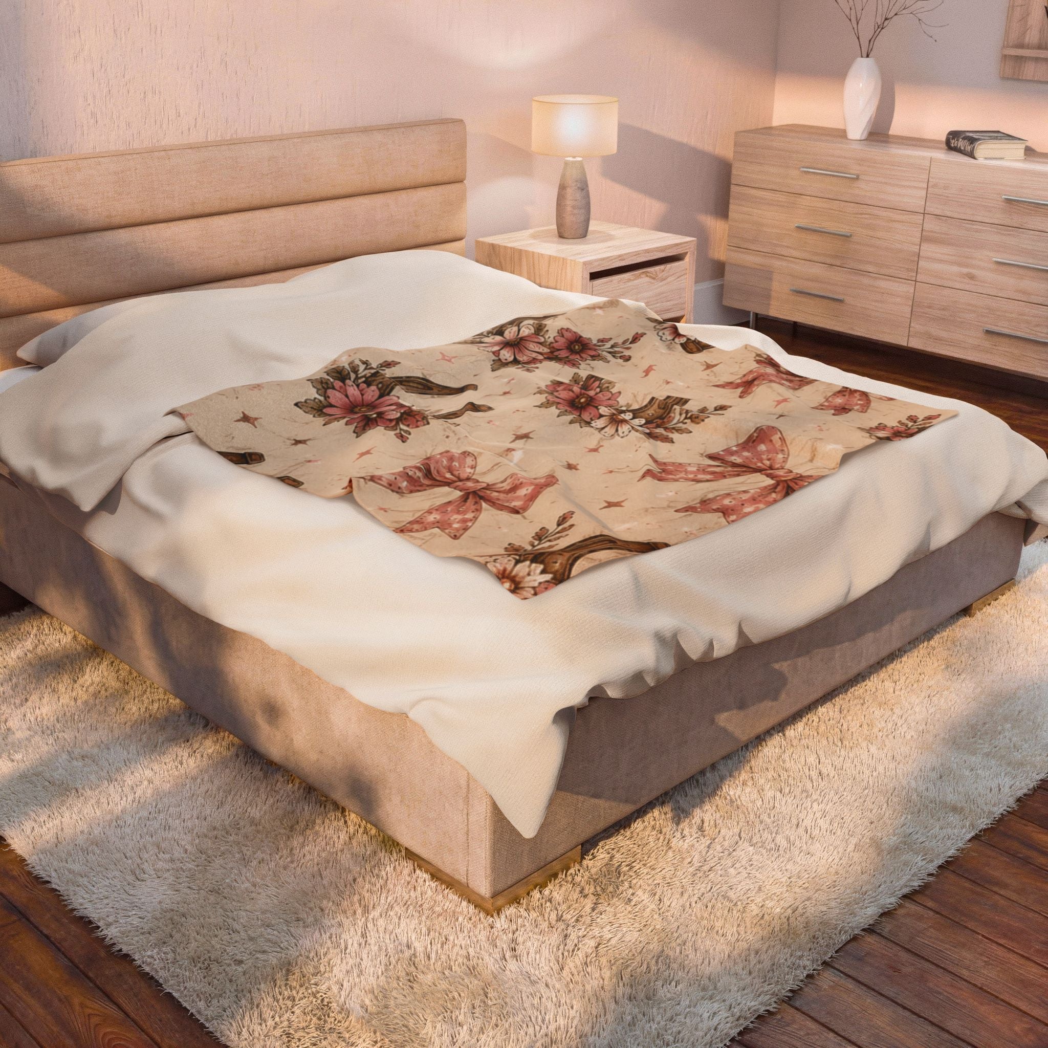 Velveteen Plush Blanket - Vintage Floral Horseshoe Throw with Pink Bows