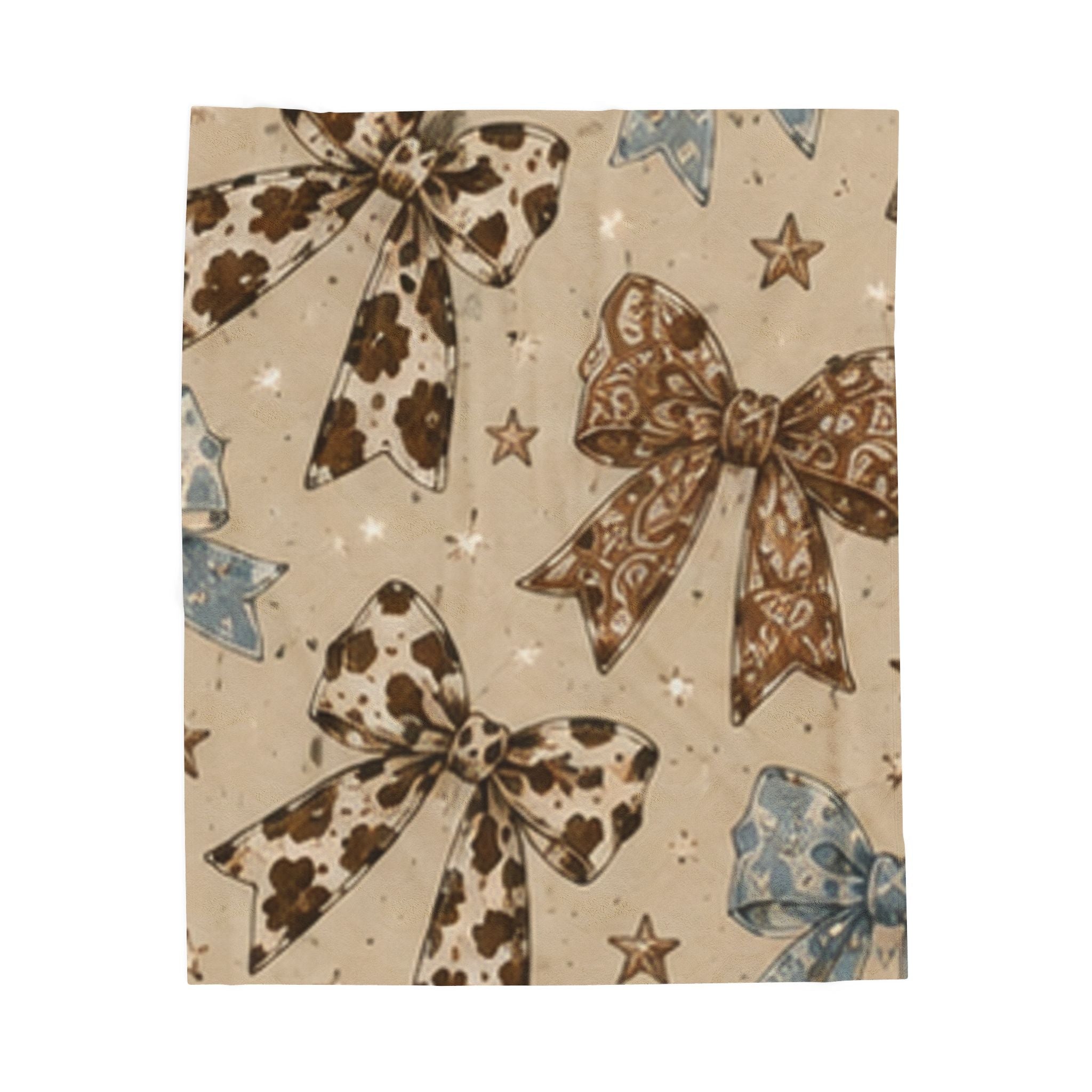 Cowgirl Bow Velveteen Plush Blanket — Western Cowhide Bow Pattern Throw
