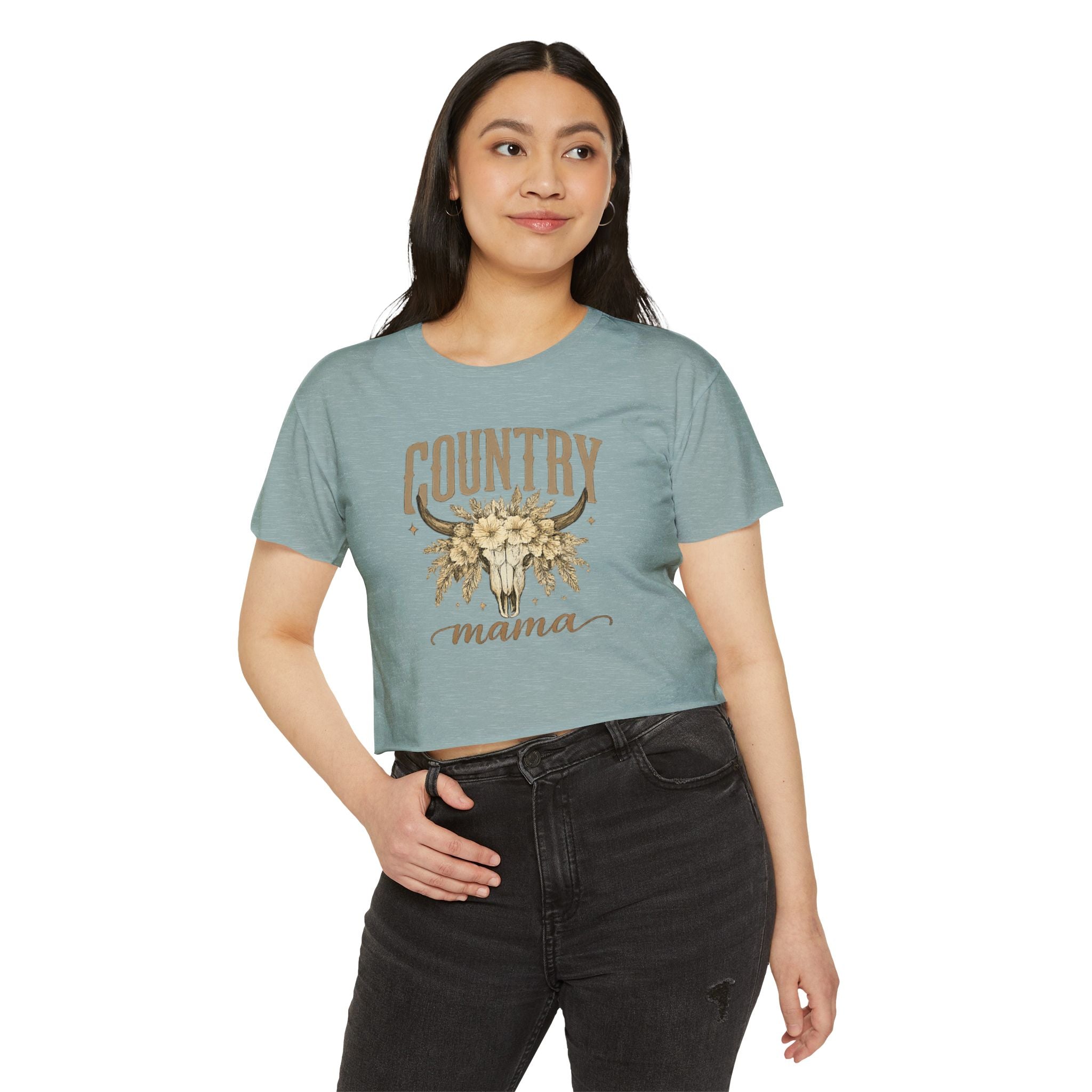 Country Mama Crop Top — Floral Bull Skull Festival Tee for Moms