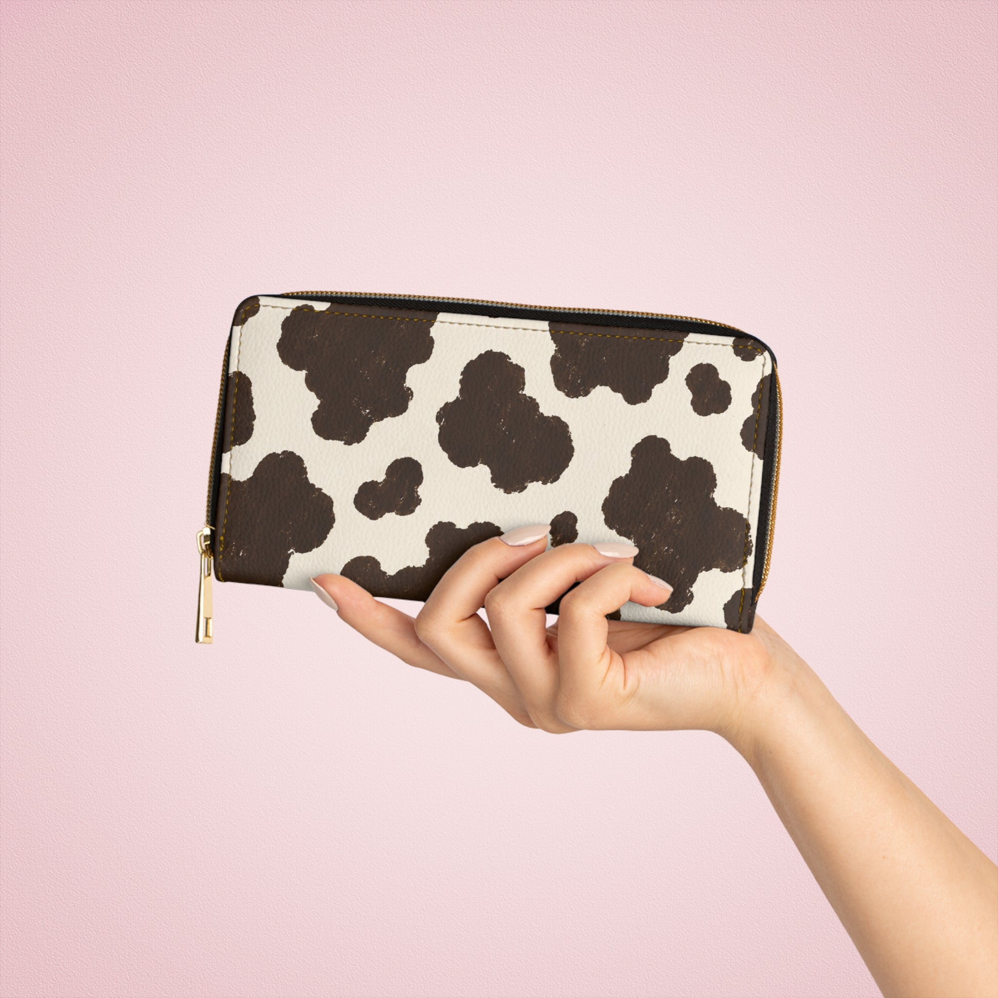 Cow Print Zipper Wallet — Stylish Zip-Around Wallet with Brown & White Cowhide Pattern