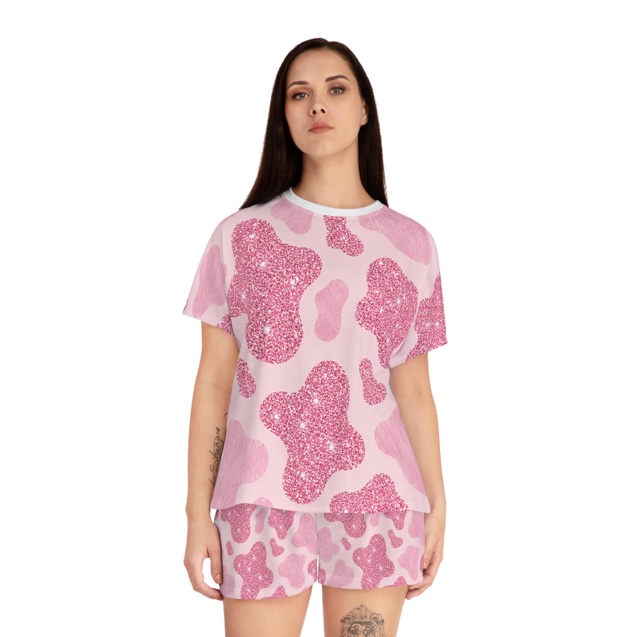 Pink Glitter Cow Print Women's Pajama Set - Cute Short Sleepwear