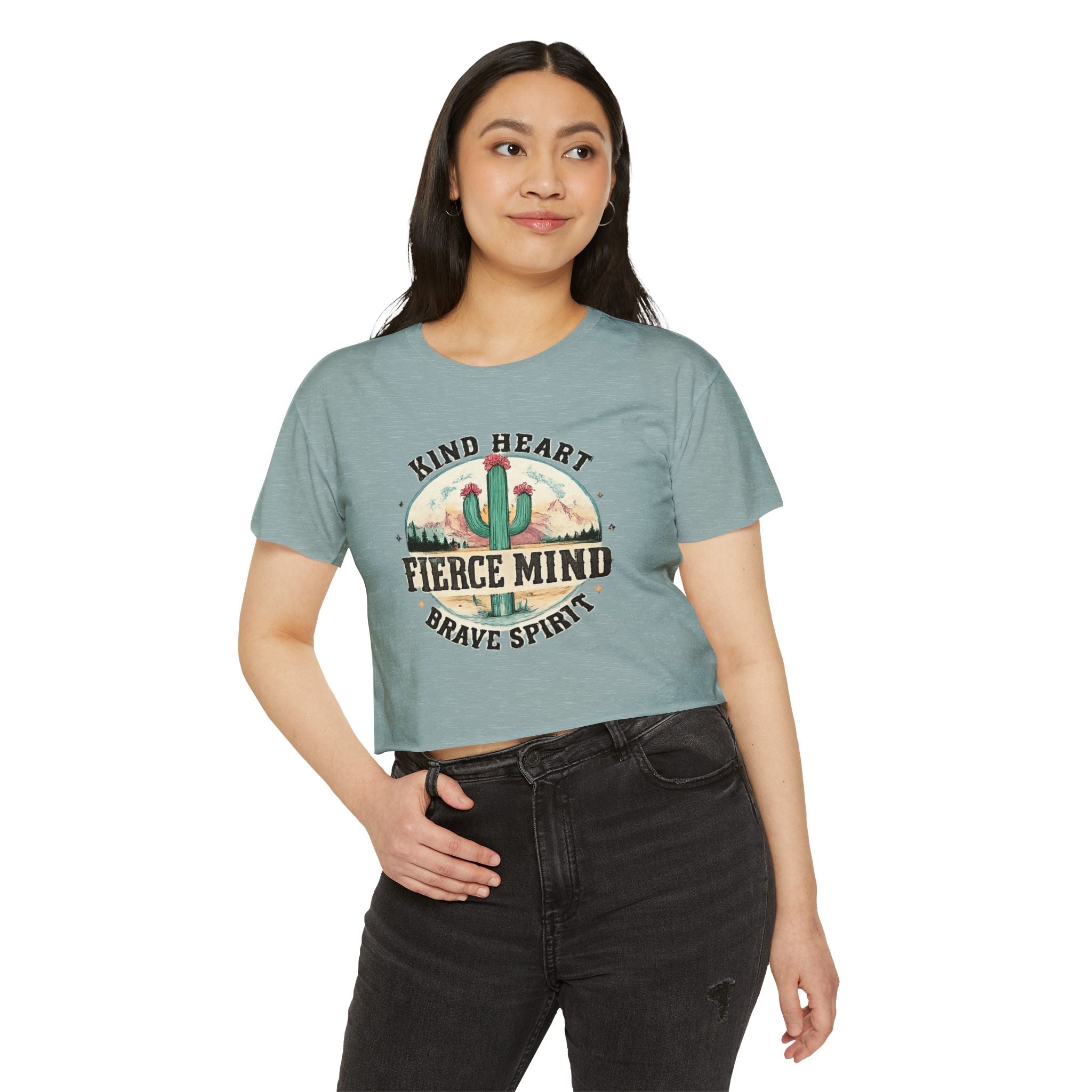 Women's Festival Crop Top — "Kind Heart, Fierce Mind" Cactus Graphic Crop Tee
