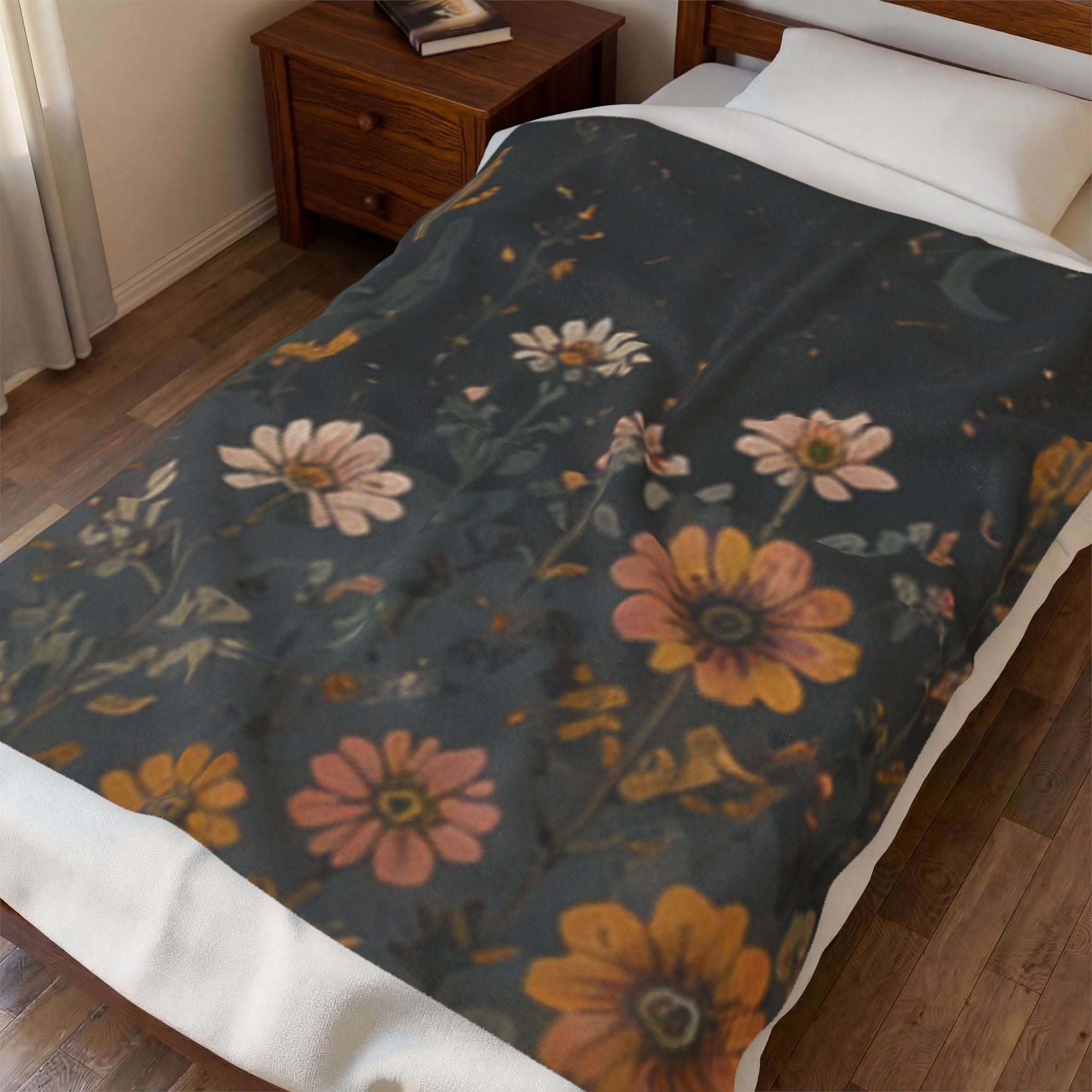 Velveteen Plush Blanket — Midnight Wildflower Throw (Boho Floral Moon)