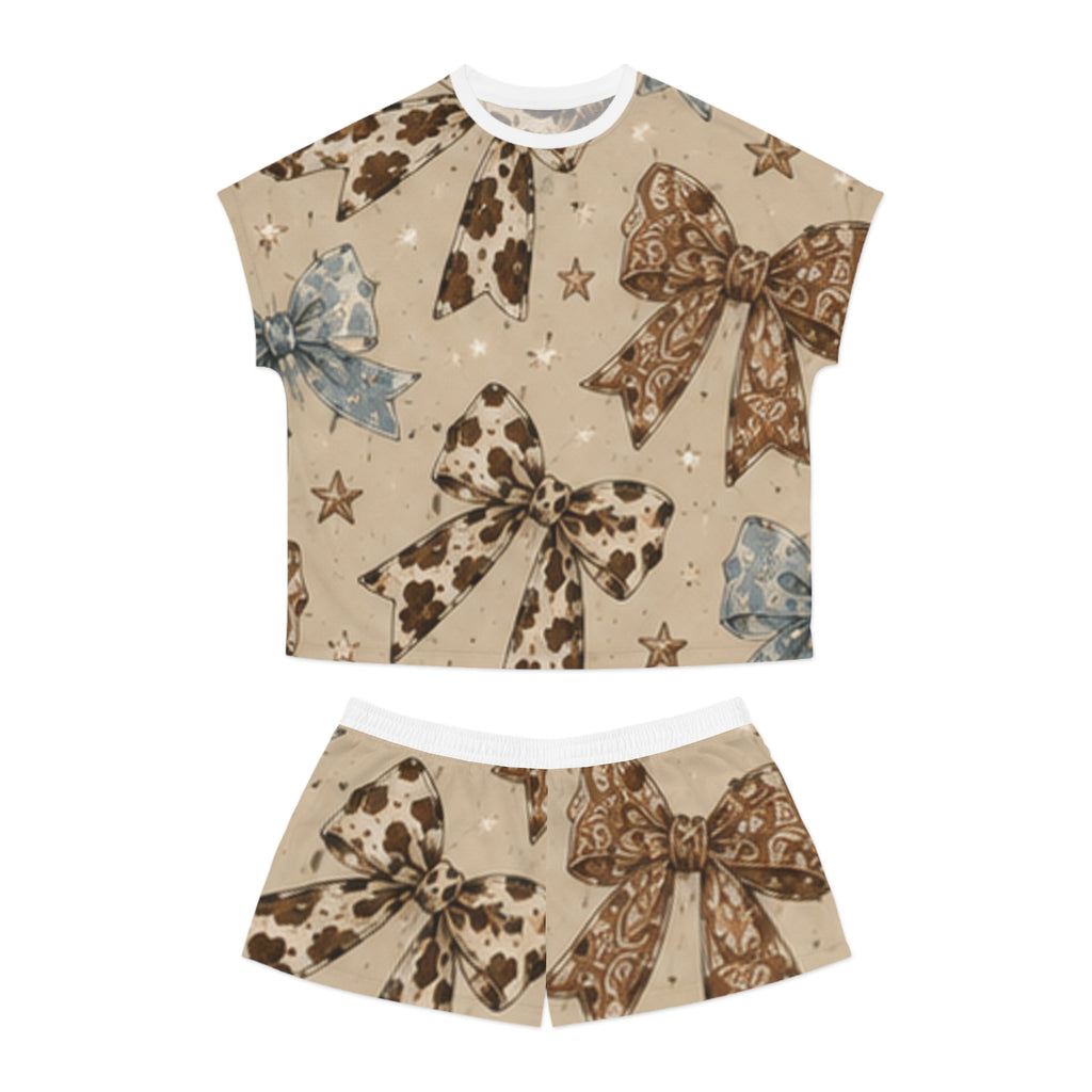 Bow Print Women's Short Pajama Set — Neutral Cowhide & Paisley Bows Sleepwear