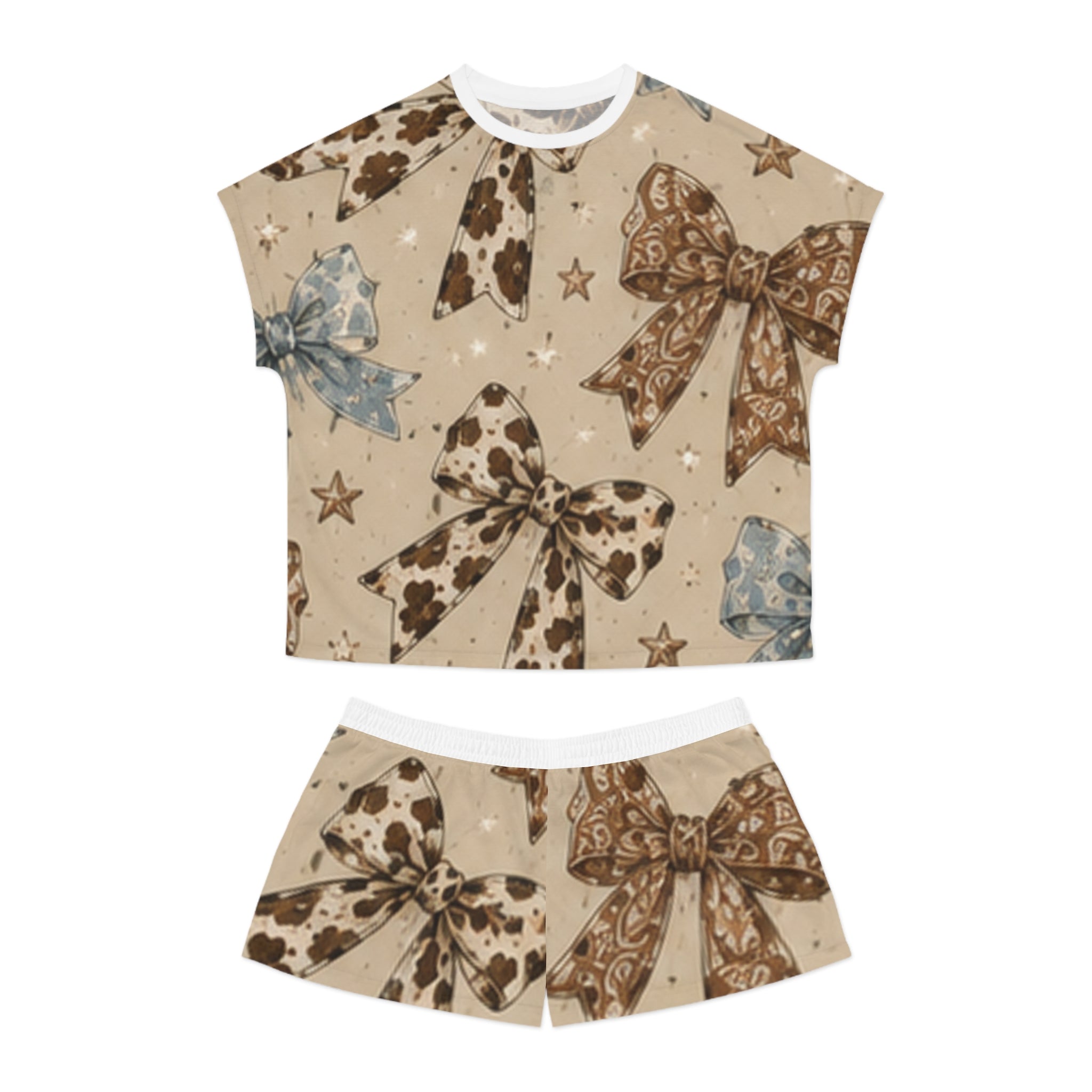 Bow Print Women's Short Pajama Set — Neutral Cowhide & Paisley Bows Sleepwear