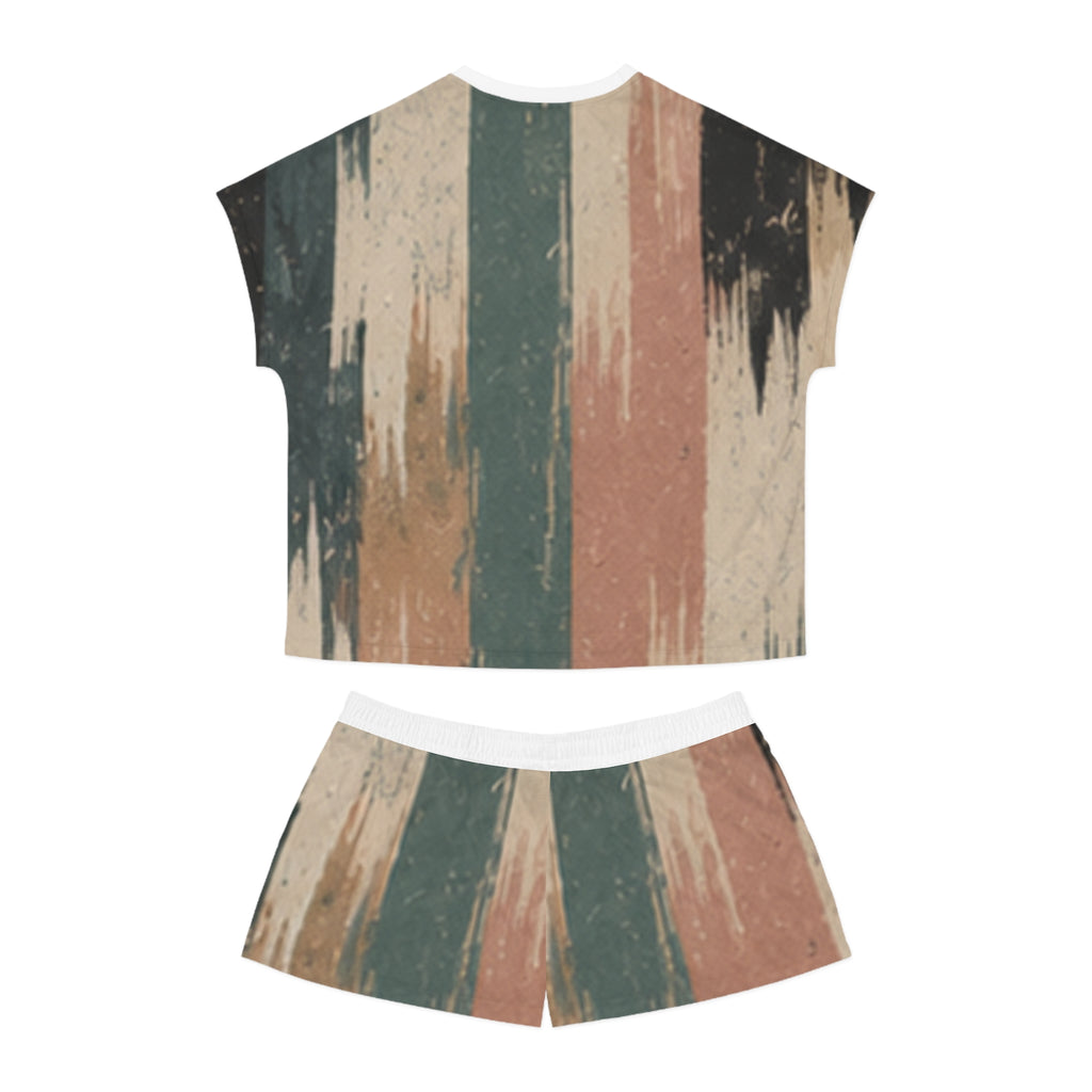 Women's Stripe Brushstroke Pajama Set — Cozy Vintage Lounge Shorts & Tee